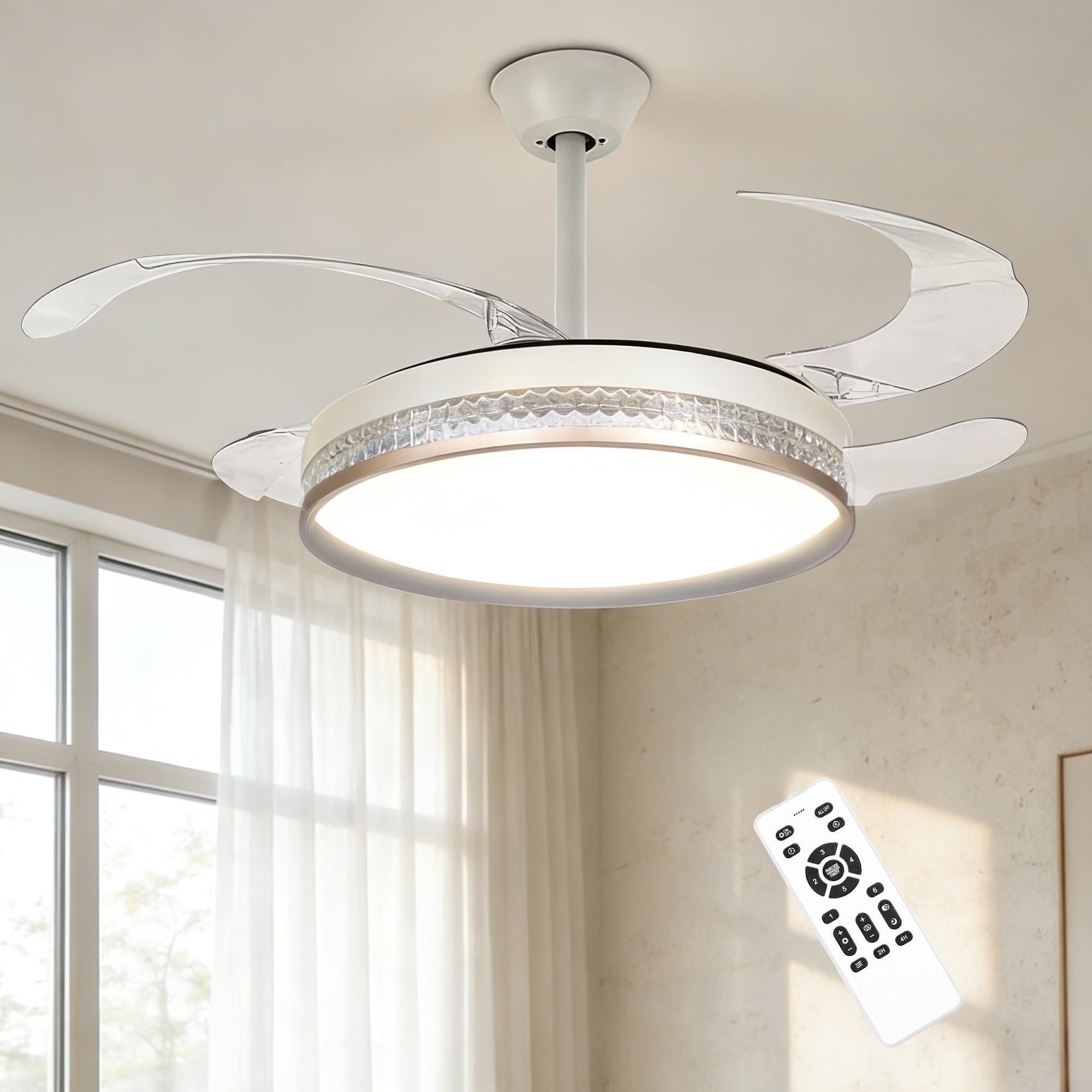 107CM Retratable Ceiling Fan with Lights & Remote, 6 Speed DC Reversible Full Copper Motor, Continous Dimmable LED Ceiling Lights, Retractable Blades, for Living Room, Bedroom, Kitchen (White-C)