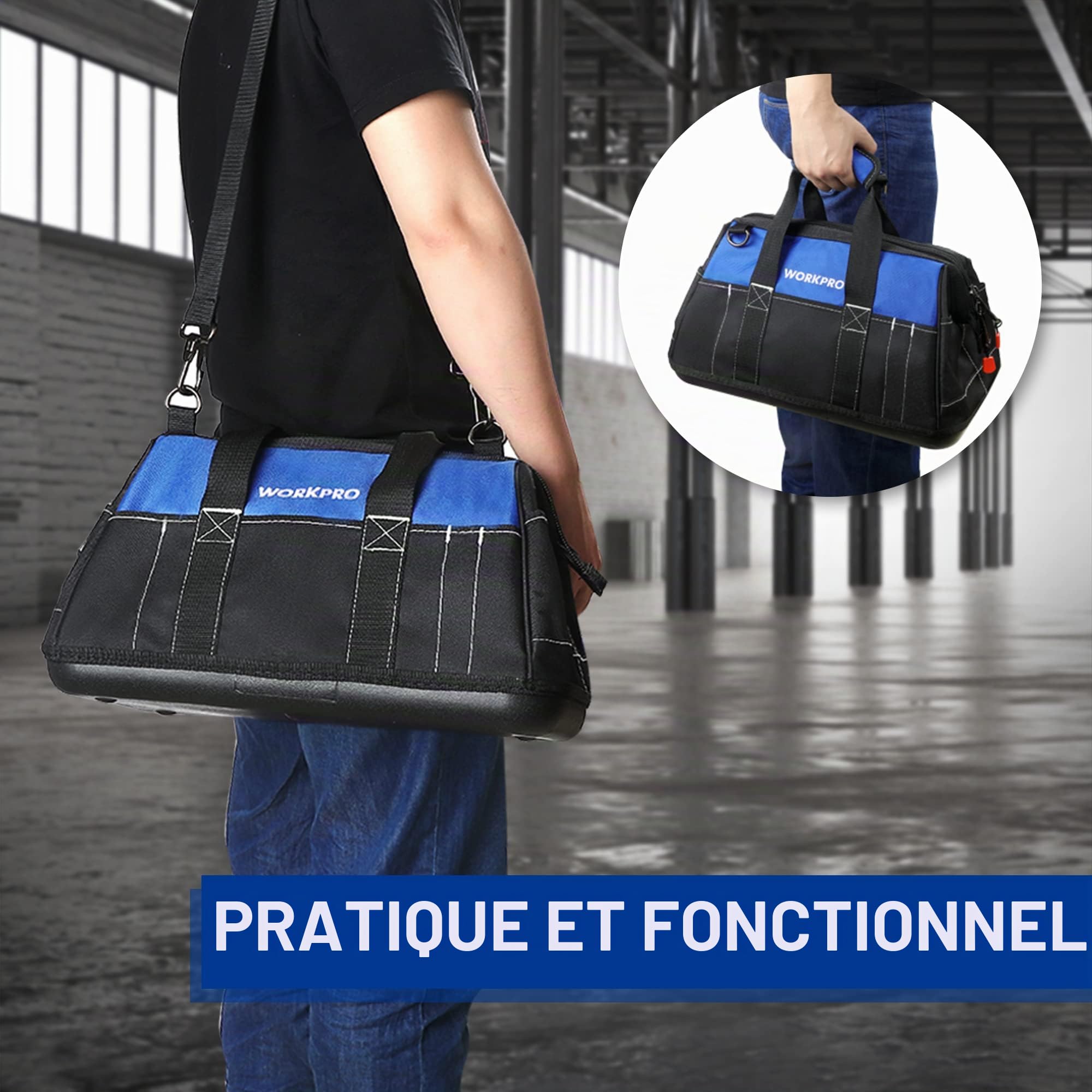 WORKPRO Sac à Outils avec Grande Capacité et Fond Dur Sac Porte-outil 40 cm