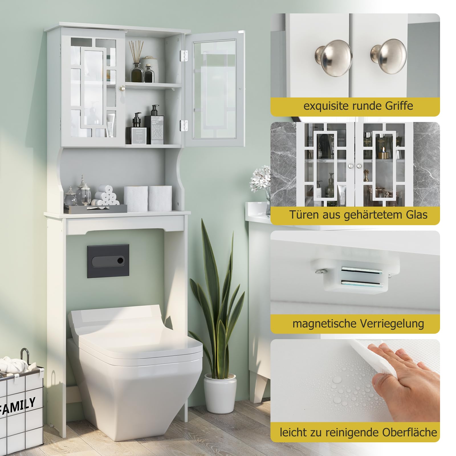 GIANTEX Hoge toiletkast met 3 niveaus, opbergrek met in hoogte verstelbare binnenplank en deuren van gehard glas boven de wasmachine (wit
