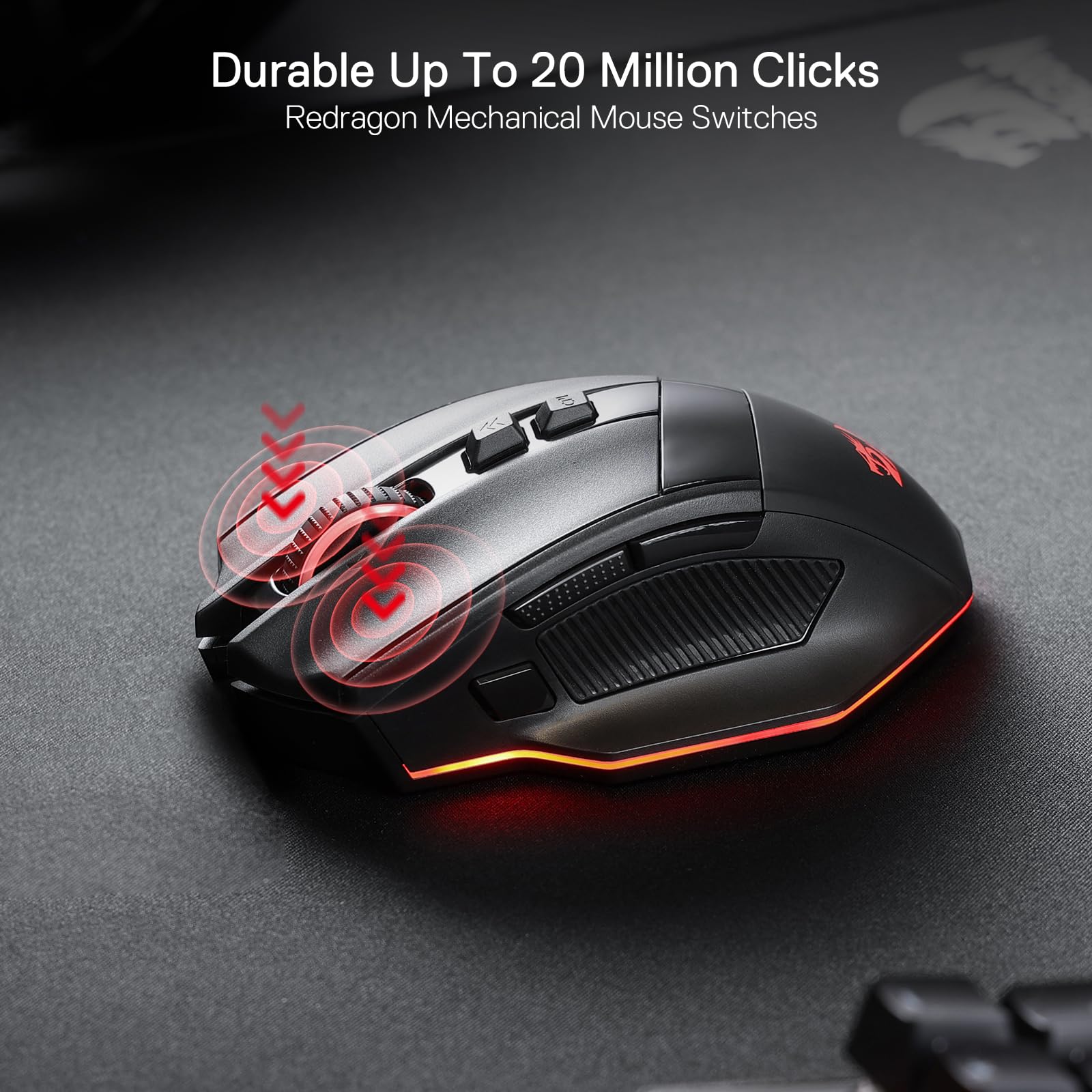 Redragon M813 PRO Souris de jeu RVB 3 modes avec molette de défilement double mode 4D, souris optique ergonomique avec max 26 000 ppp, capteur de précision professionnel 3395, 7 boutons macro,