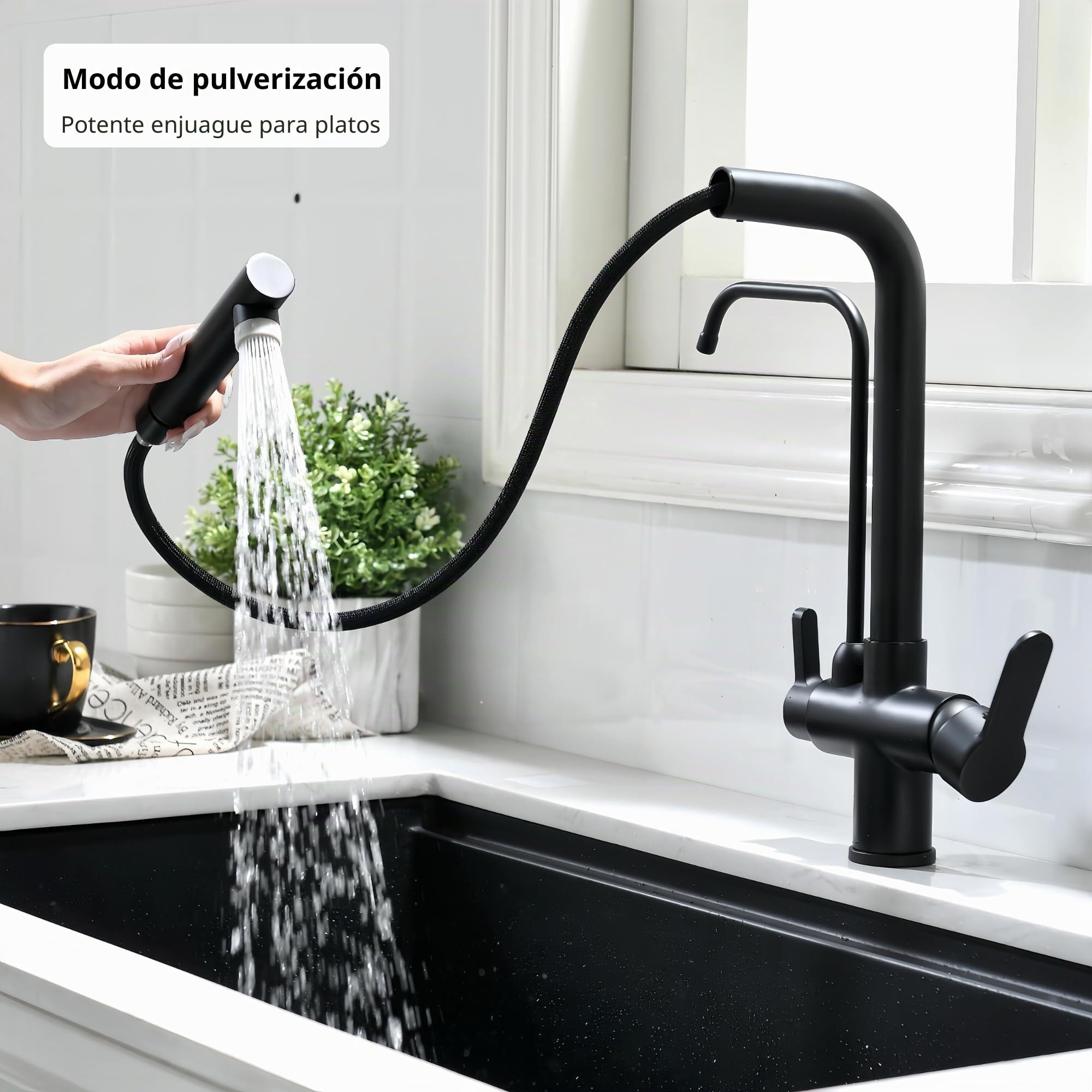 Grifo de Cocina Ósmosis 3 Vías con Ducha Extraíble, Giratorio 360°, Grifo Fregadero 3 en 1 para Agua Fría/Caliente y Agua Filtrada, Grifo para Ósmosis (negro)