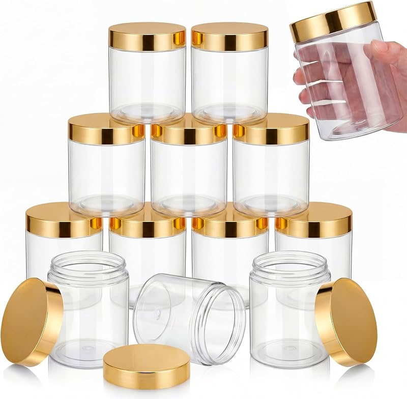SATINIOR Frascos plásticos redondos transparentes com tampa dourada para armazenamento, 473 mL, pacote com 12