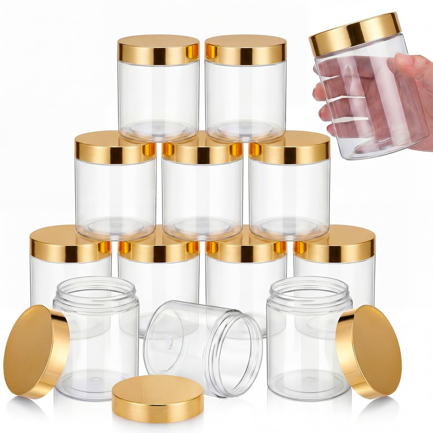 SATINIOR 12 Pack 16 oz Plastic Container Jars with Lids Round Clear Travel Cosmetic Container Slime Jars for Toiletries, Lotion, Cream, Ointments, Makeup, Rhinestone, Samples, Kitchen Storage(Gold)