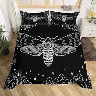 Death Moth Bedding Set Kids Skull Decor Comforter Cover Set for Boys Teens Halloween Decorations Duvet Cover Breathable Boho Moth Black Skeleton Bones Bedspread Cover Room Decor Quilt Cover Full Size