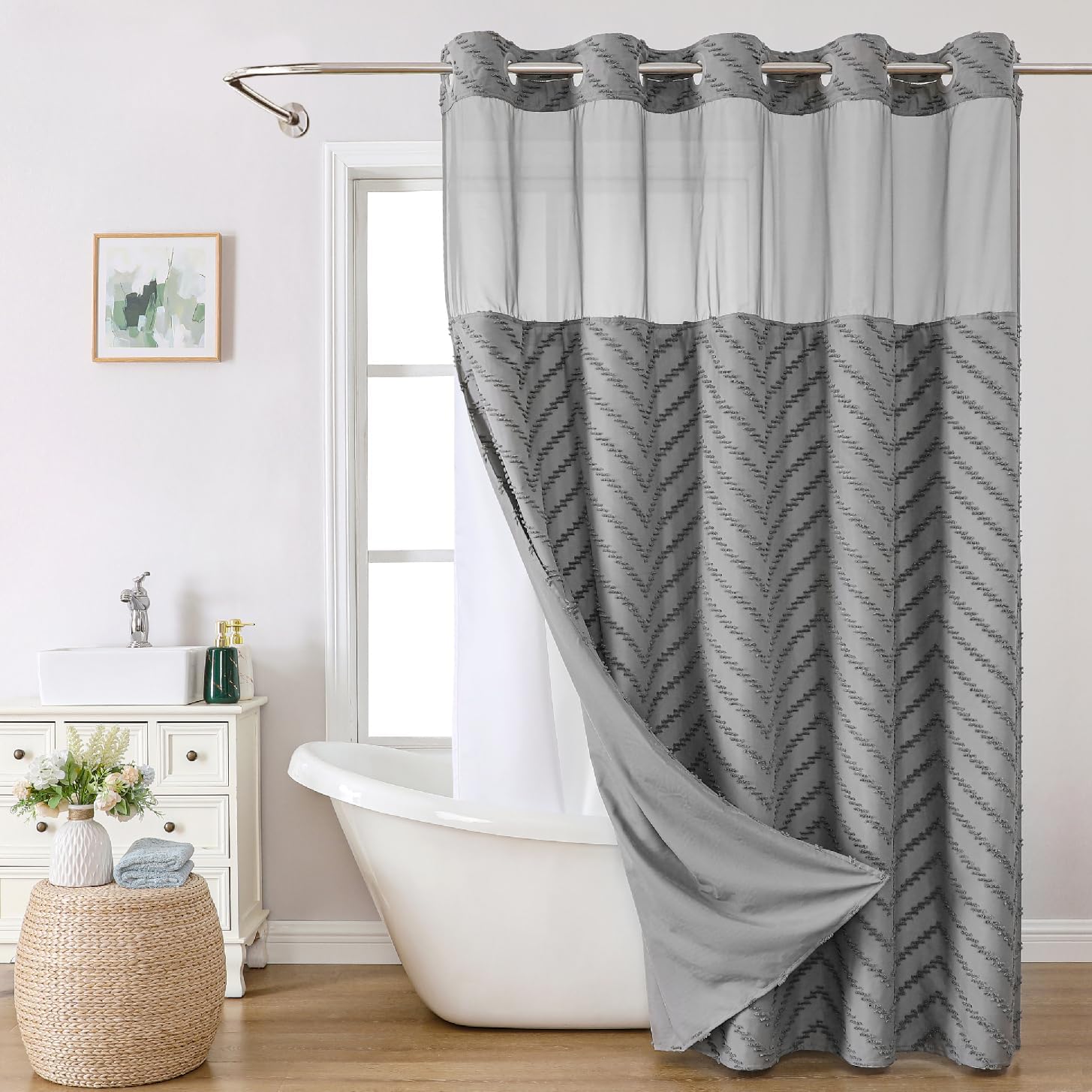 No Hook Tufted Chevron Striped Shower Curtain with Snap-in Fabric Liner set-71Wx74H(72H),Grey Hotel Grade Boho Style Shower Curtain with See Through Top Window,Water Repellent
