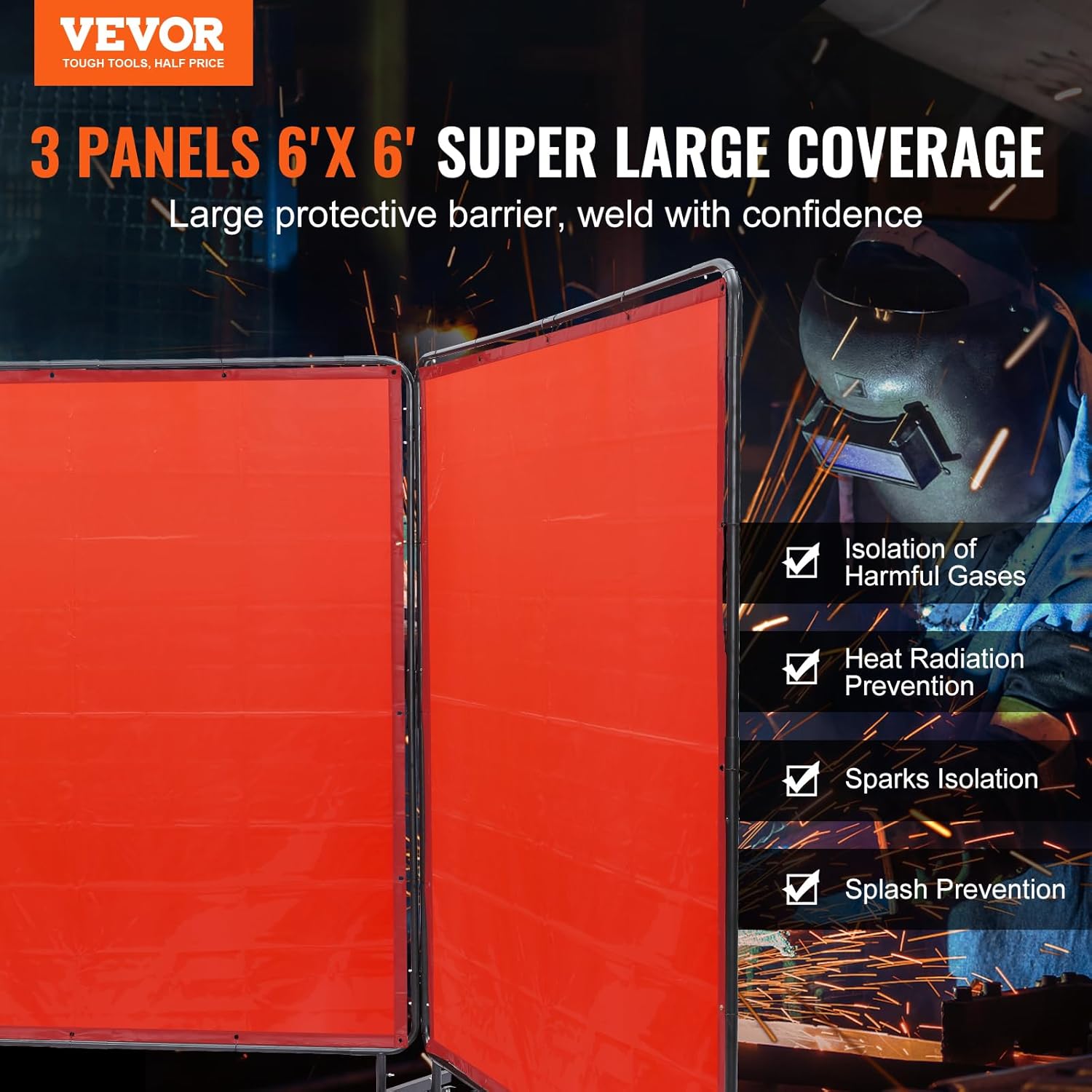 VEVOR Welding Screen with Frame, 6' x 6' 3 Panel Welding Curtain Screens on 12 Swivel Wheels (6 Lockable), Welding Protection Screen Moveable & Professional for Workshop, Red