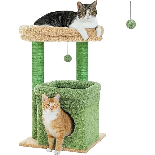 PEQULTI Cat Tree Cactus Cat Tower for Indoor Cats with Private Cozy Cat Condo, Natural Sisal Scratching Posts and Plush Pom-pom for Small Cats Green