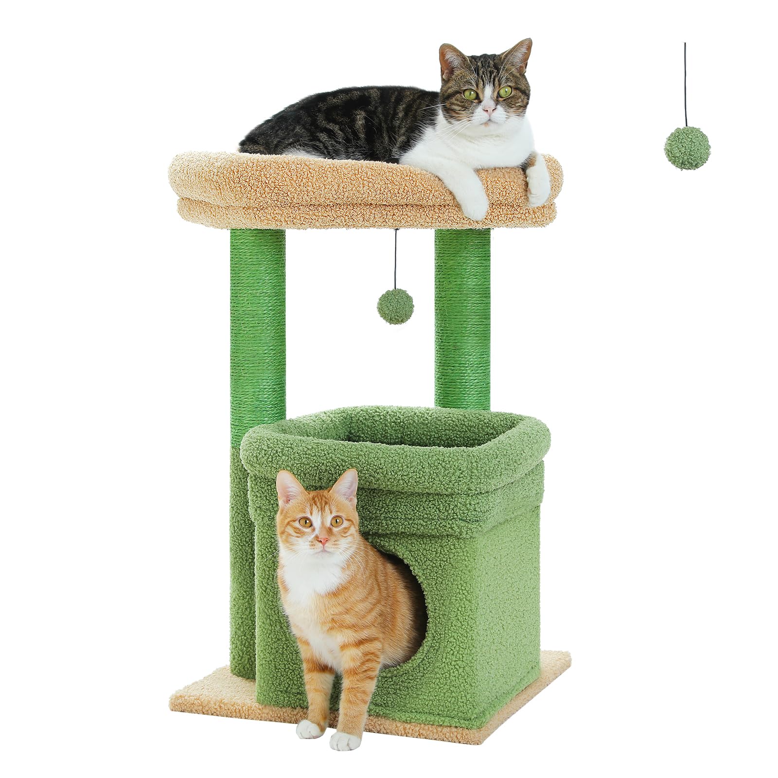 PEQULTI Cat Tree Cactus Cat Tower for Indoor Cats with Private Cozy Cat Condo, Natural Sisal Scratching Posts and Plush Pom-pom for Small Cats Green