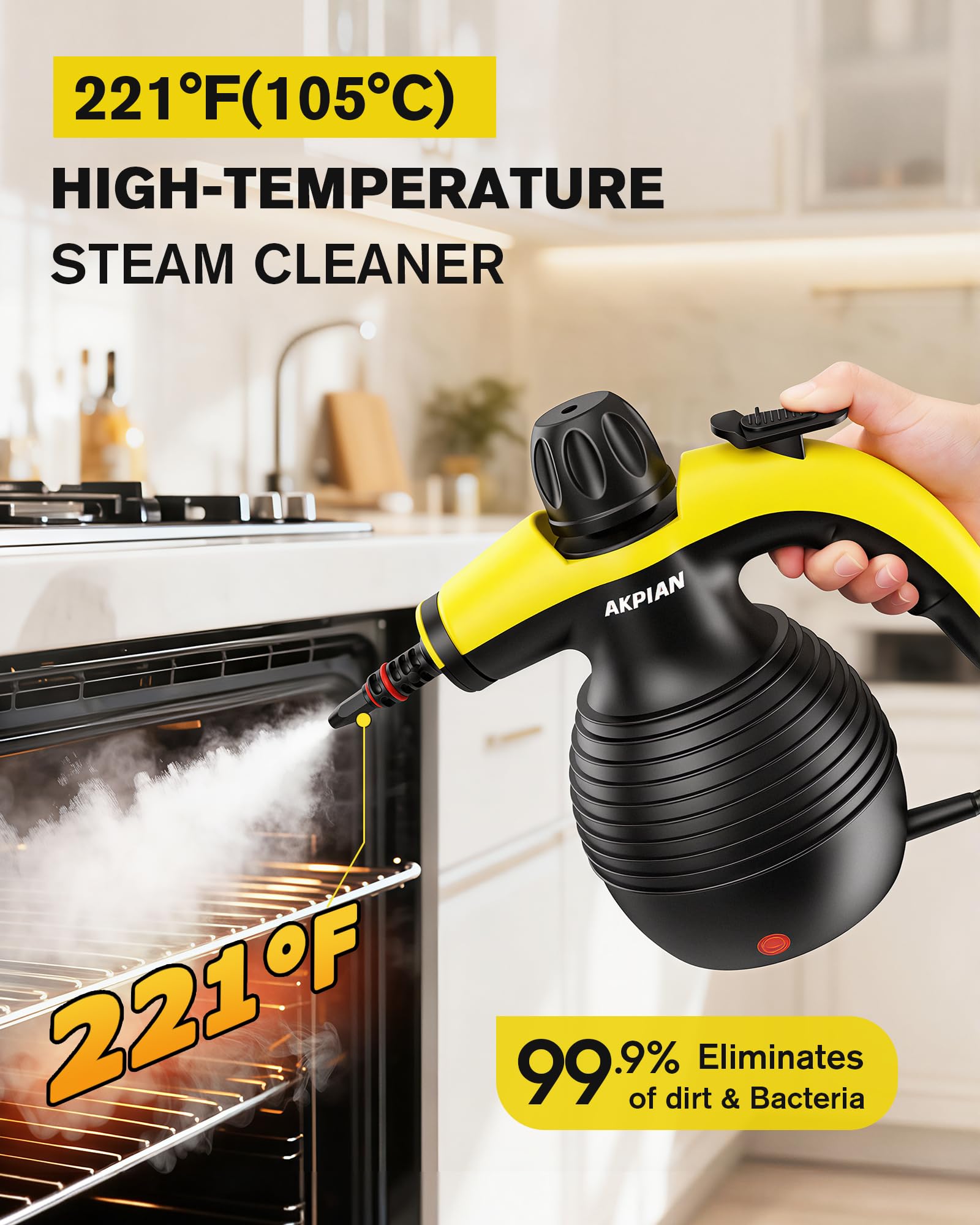 Limpiador de vapor de mano para limpieza del hogar con 10 accesorios | Vapor de alta temperatura de 105 °C | Bloqueo de seguridad | Hornos, microondas, sofás, ventanas y lechada