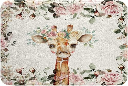 Tapete de baño de microfibra con diseño de jirafa rosa, 20 x 32 pulgadas, diseño de animales de dibujos animados, antideslizante, decoración de