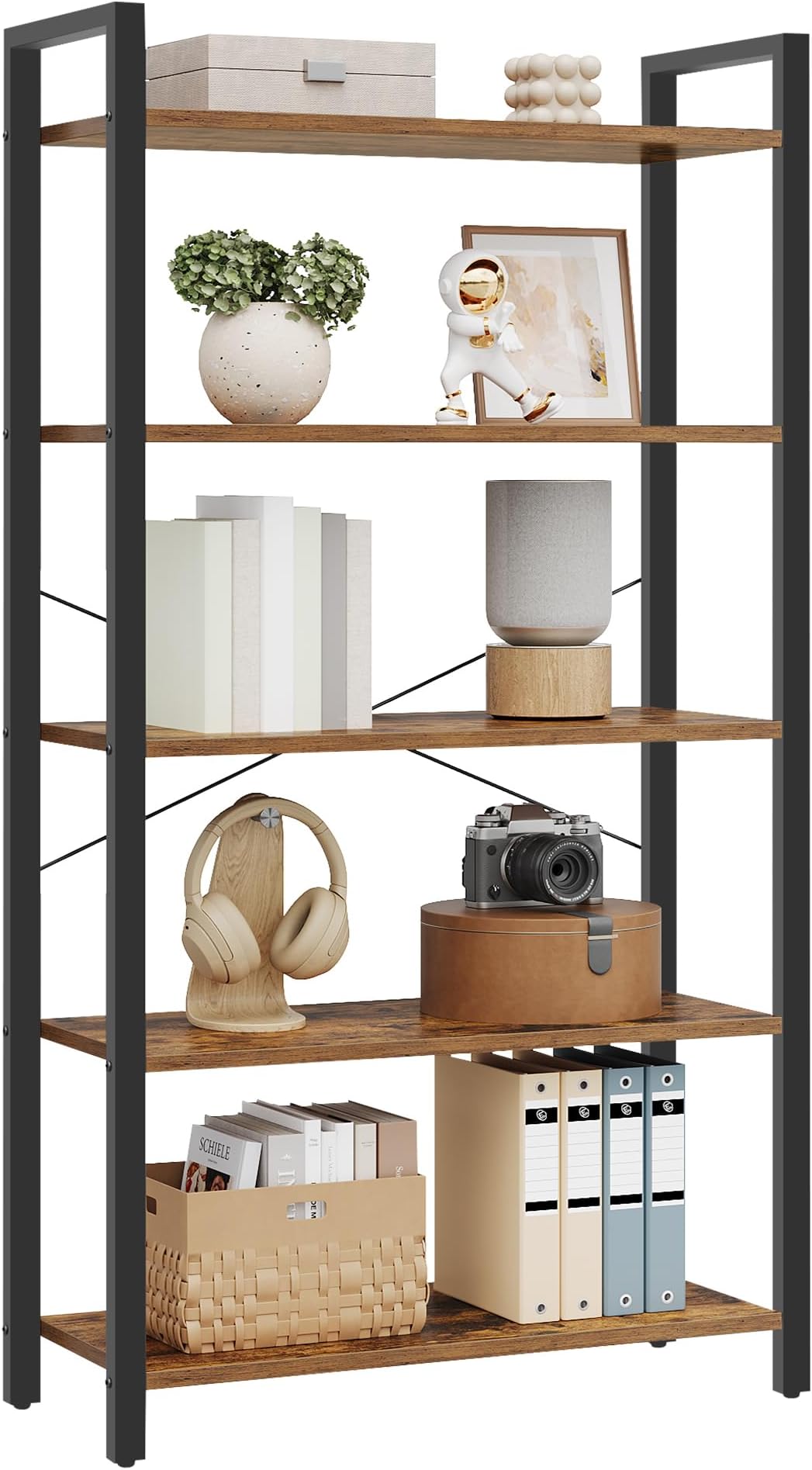 VASAGLE ALINRU Bookshelf, 5-Tier Storage Rack with Steel Frame, for Living Room, Office, Study, Hallway, Industrial Style, Rustic Brown and Black ULLS061B01
