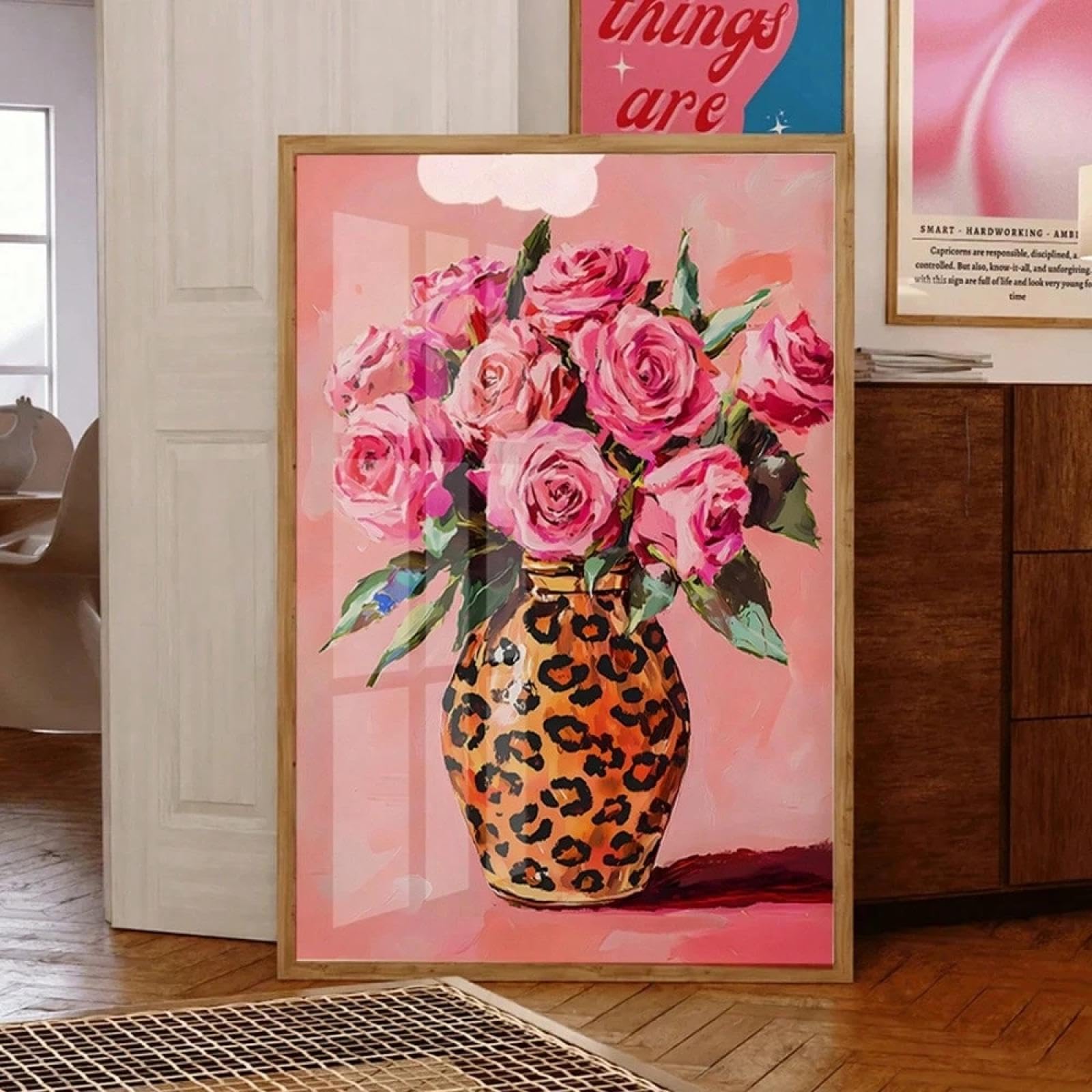 Impression sur toile de roses roses 80x140cm sous cadre style léopard - 8