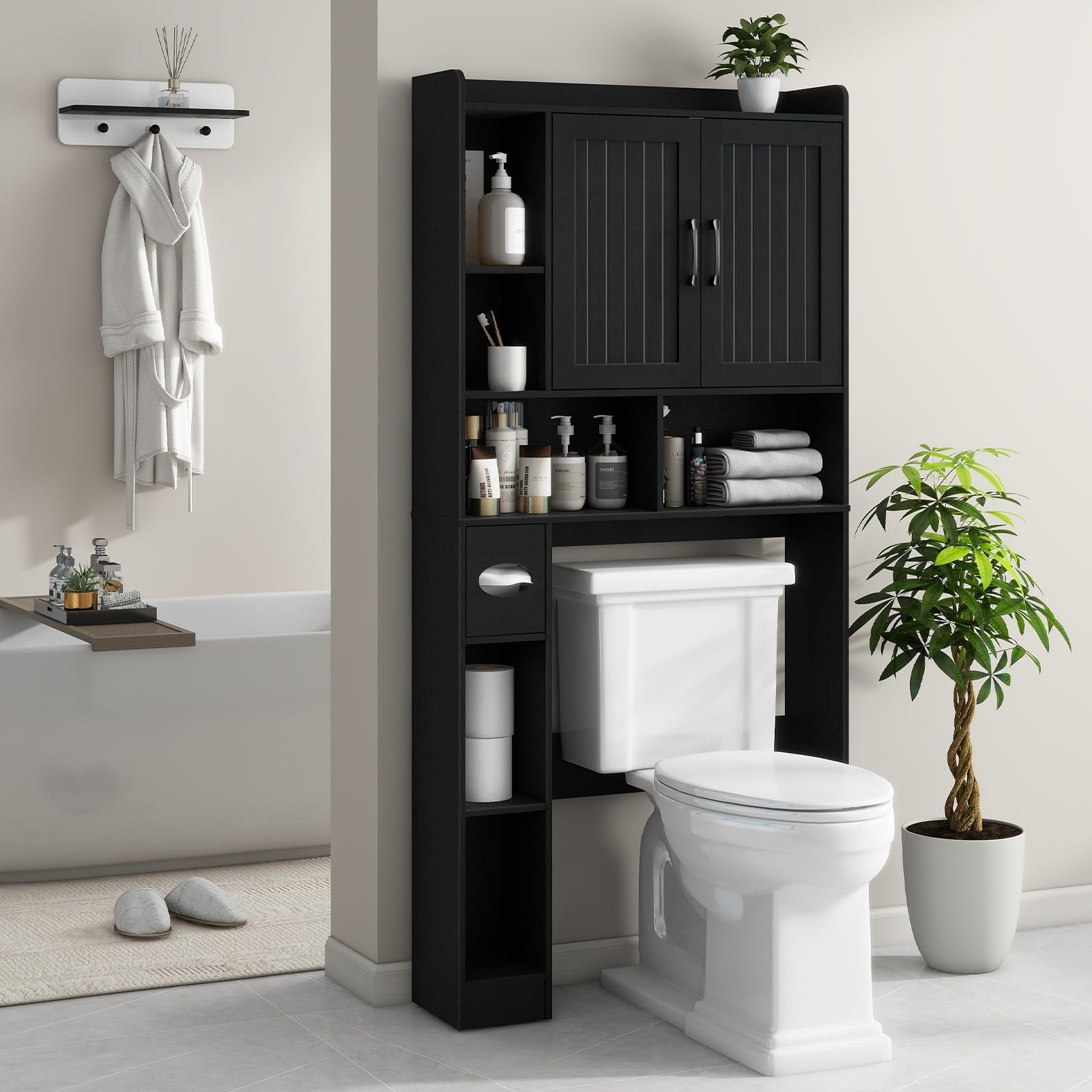 Vabches Over The Toilet Storage Cabinet, Farmhouse Storage Cabinet Over Toilet with Barn Door, Home Space-Saving Toilet Rack, for Bathroom, Restroom, Laundry(Black).: Black Barn Doors