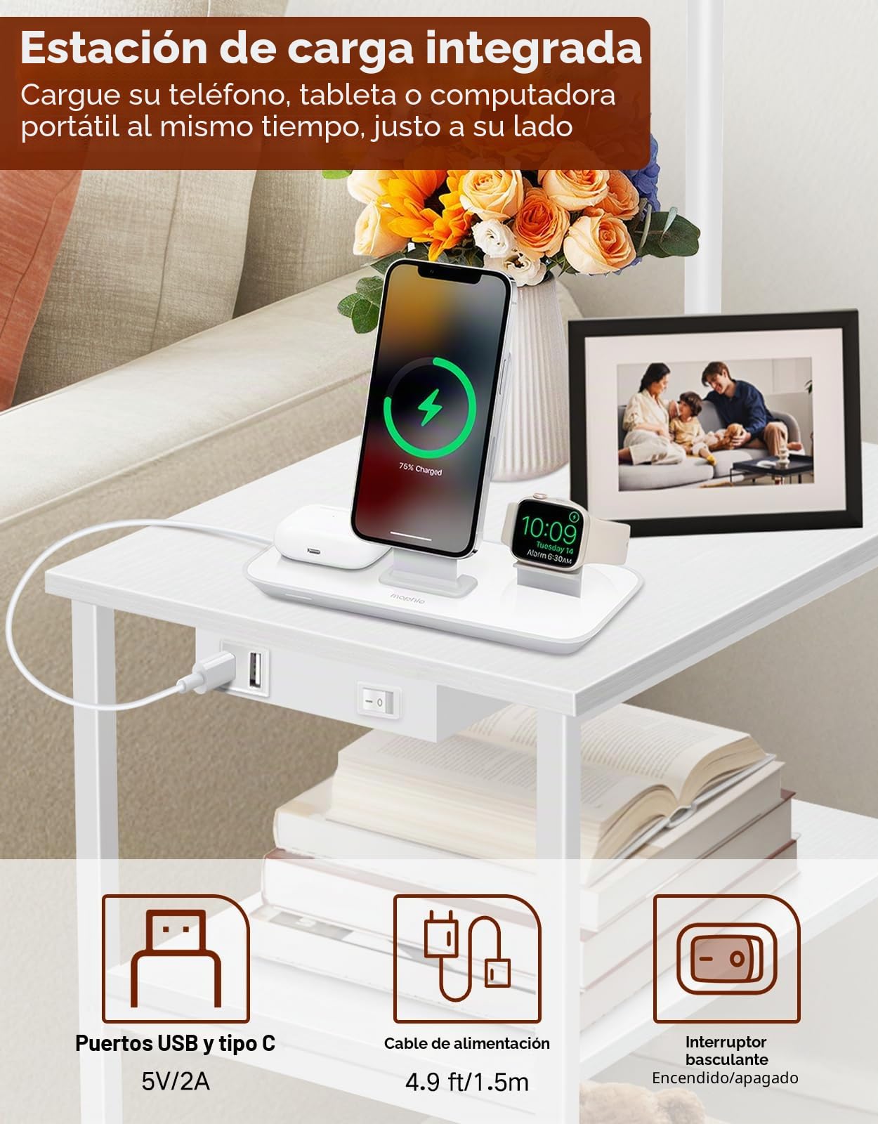 Lámpara de Pie con Mesa y Estante, LED Regulable con Mando, 3 Temperaturas de Color, Mesa Auxiliar con Carga USB y Almacenamiento para Salón