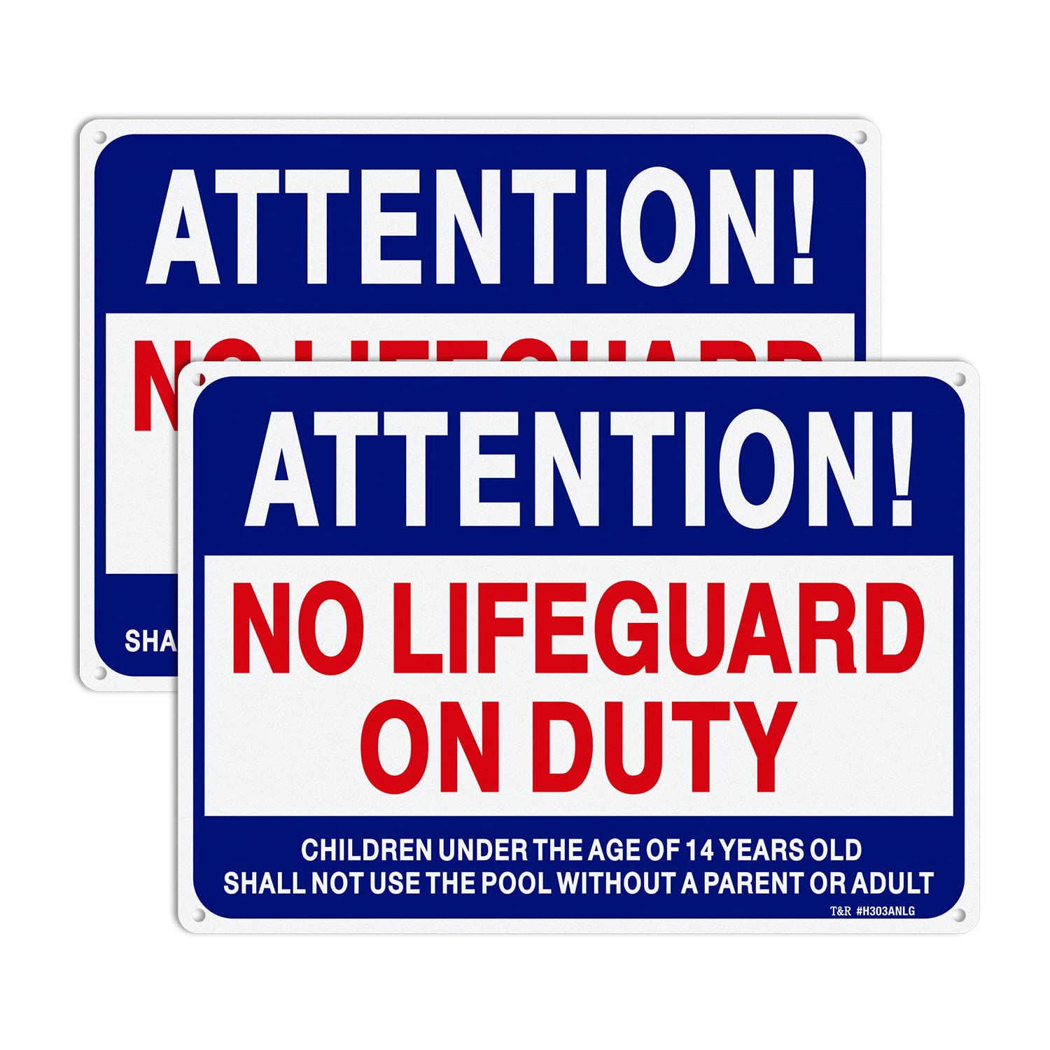 T&R No Lifeguard On Duty Sign, Pool Sign - 2 Pack - 14"x10" .040 Rust Free Heavy Aluminum, Reflective, Waterproof, Weatherproof and Fade Resistant, 4