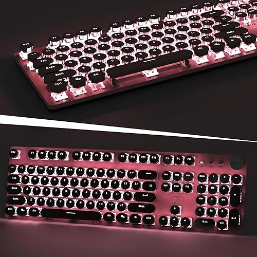 Miniatura 5 de Teclado mecánico retro con cable para juegos, estilo máquina de escribir, steampunk vintage con retroiluminación LED blanca, interruptor azul