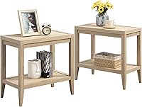 SICOTAS Boho Rattan Nightstands Set of 2 - Narrow Bedside End Tables with Storage Shelves for Small Spaces, Light Oak