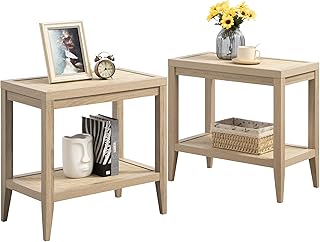 SICOTAS Rattan Nightstands Set of 2 - Boho Shelf Bedside Tables Narrow End Table Living Room Set of 2 Side Table with Rattan Storage Shelves for Small Space - Light Oak