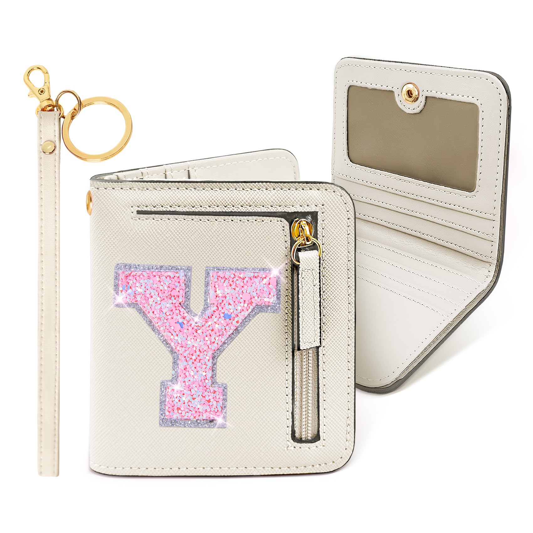 COSHAYSOO Girls Wallet Small with RFID Blocking Wristlet Keychain, Initial Monogrammed Easter Gifts for Teen Girls Birthday Mothers Nurse Day Cream Letter Y