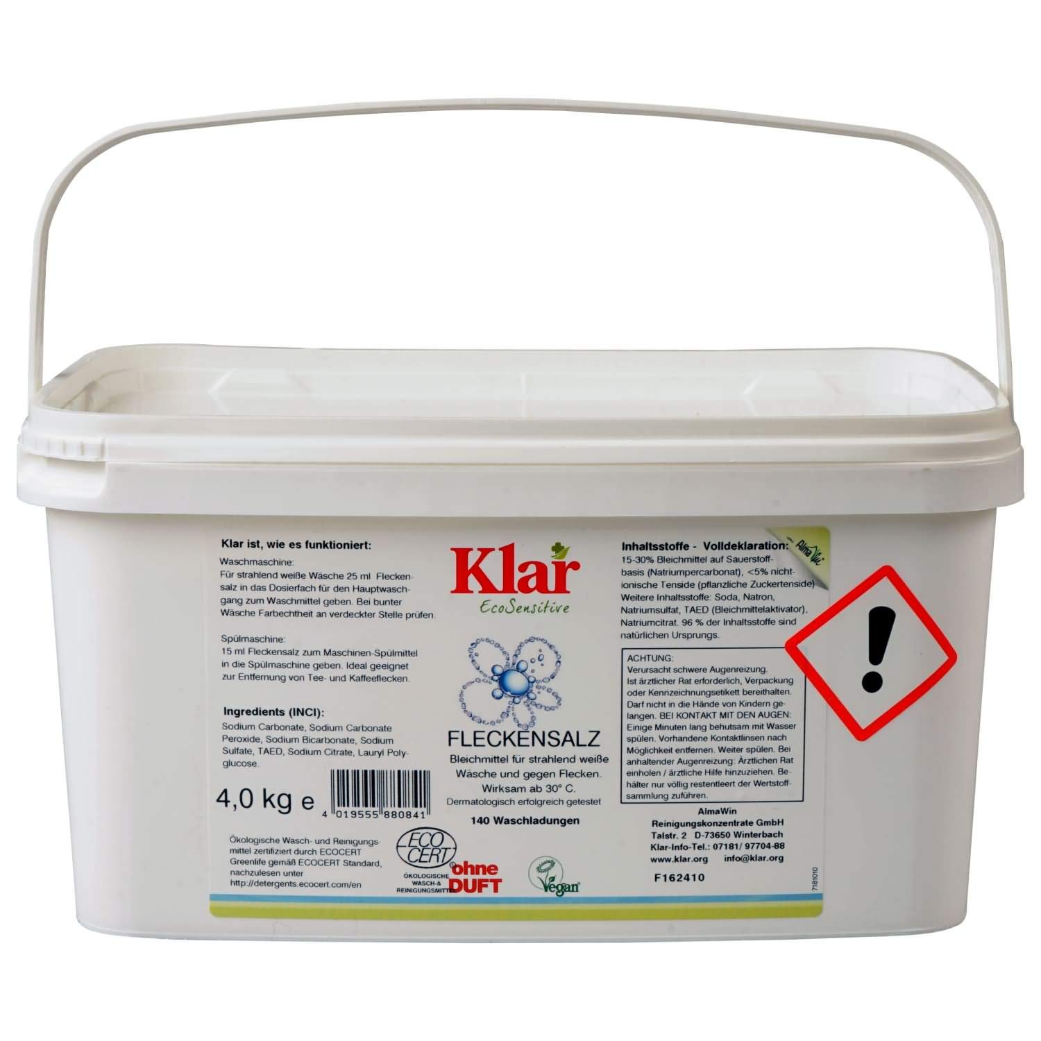 Klar eco Sensitive Fleckensalz 4kg, ohne Duft, verhindert Grauschleier, wirksam ab 30 °C, vegan