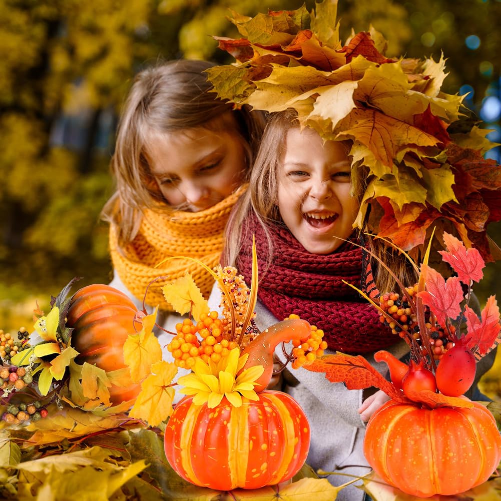 Yuragim 3 sztuki sztucznych dyni jesiennych dekoracji, ozdobne dynie z liśćmi klonu i słoneczników, dekoracja na Halloween, Święto Dziękczynienia, jesienna dekoracja stołu