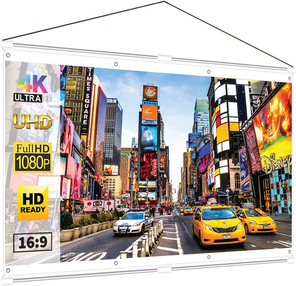 JaeilPLM Indoor, Outdoor 120 Inch 16:9 Projector Screen. Instant Wrinkle-Free Triangle Hanging Design. 4-Hook Tension Technology. For Home Theater, Gaming, Office, and Movie Projection. 4K Compatible.