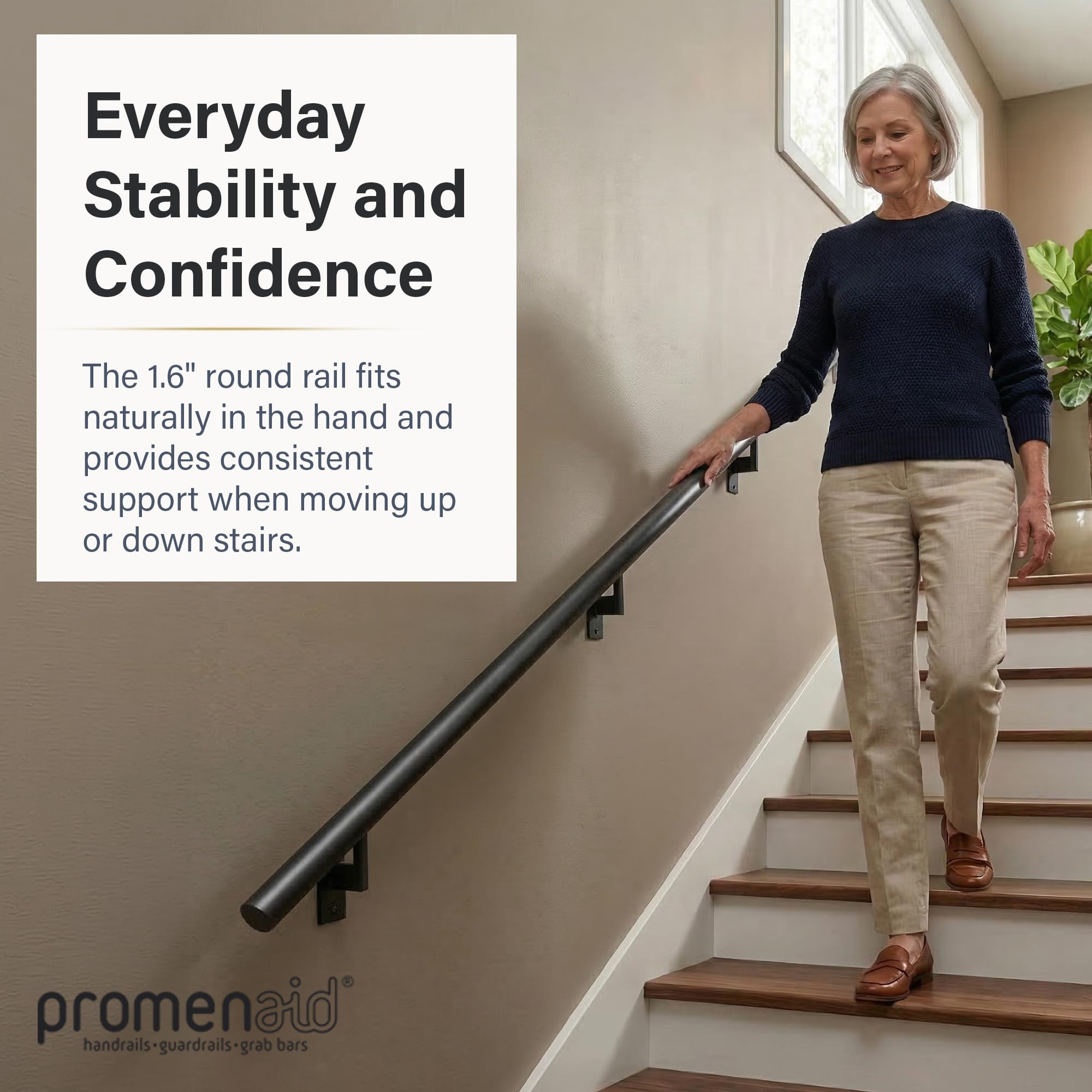 Promenaid 3ft Handrail Kit – Black, Made in Canada – Indoor/Outdoor Aluminum Stair Railing, 1.6'' Round – Includes 2 Pivoting Wall Brackets & Flush Endcaps – Modern Safety Handrail - 4