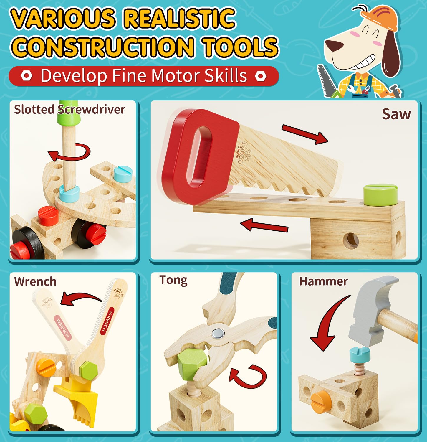 Lehoo Castle Wooden Toddler Tool Set, Construction Tools with Toolbox, Montessori Toys for 2 3 4 Years Old Boy Birthday Gift, STEM Learning Toys for Preschooler, Pretend Play Gifts for Christmas