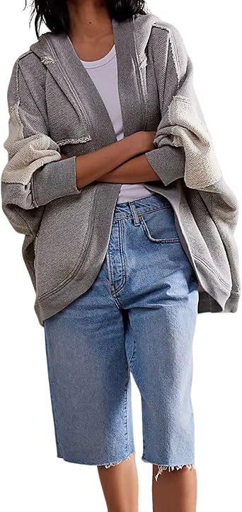 loveimgs Women Y2k Retro مفتوح من الأمام هوديي كارديجان سويت شيرت Boyfriend بأكمام طويلة بغطاء للرأس جاكيتات مرقعة ملابس الخريف