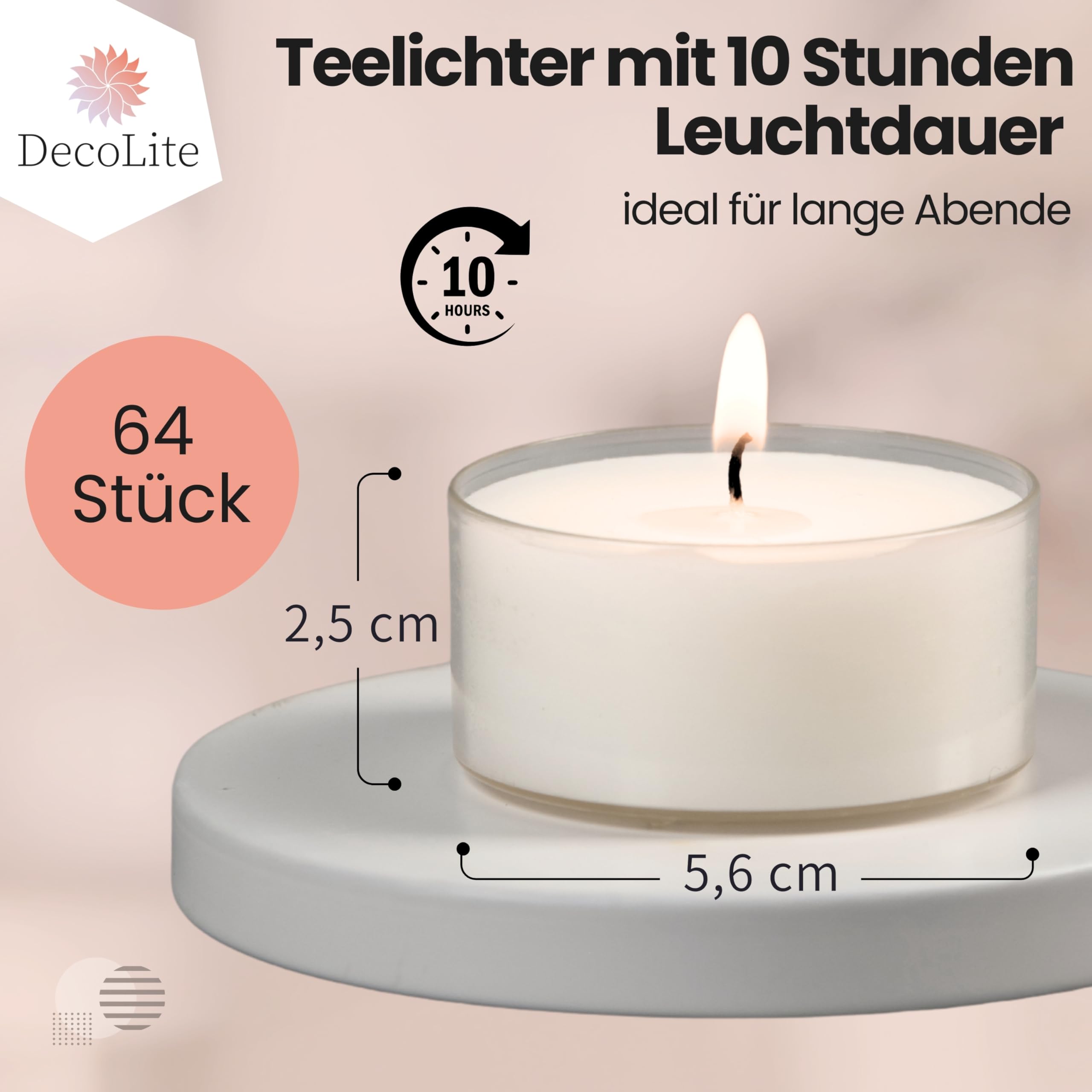 Maxi Teelichter 10h Brenndauer, klarer Acrylcup, 64 Stück