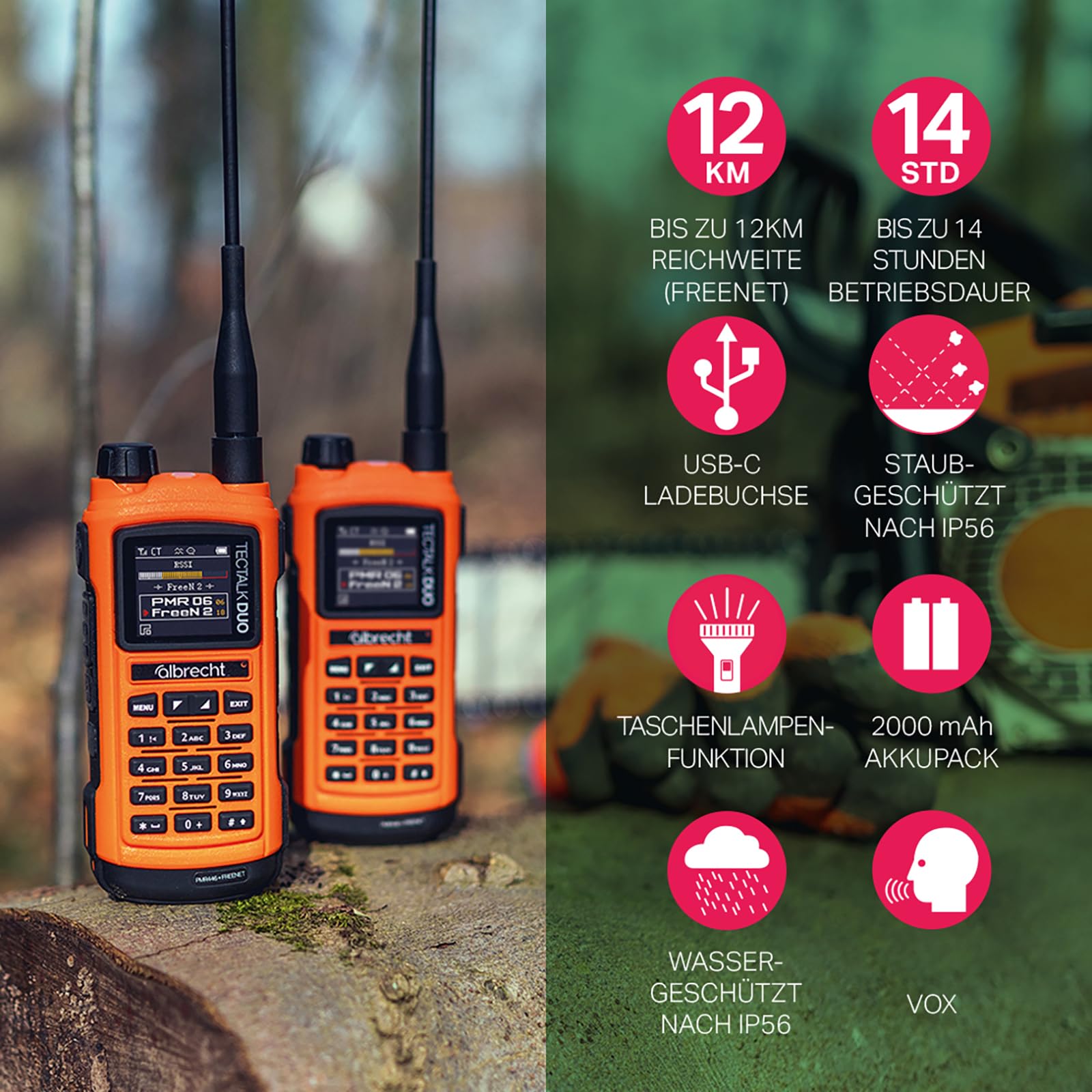 Albrecht Tectalk Duo, PMR & Freenet Funkgerät, 29149, Funkgerät, Orange | 1 W (Freenet), 0,5 W (PMR446) Sendeleistung, ca. 20 h Akkulaufzeit, UKW Radio, VOX, USB-C, Taschenlampe, Anmeldefrei
