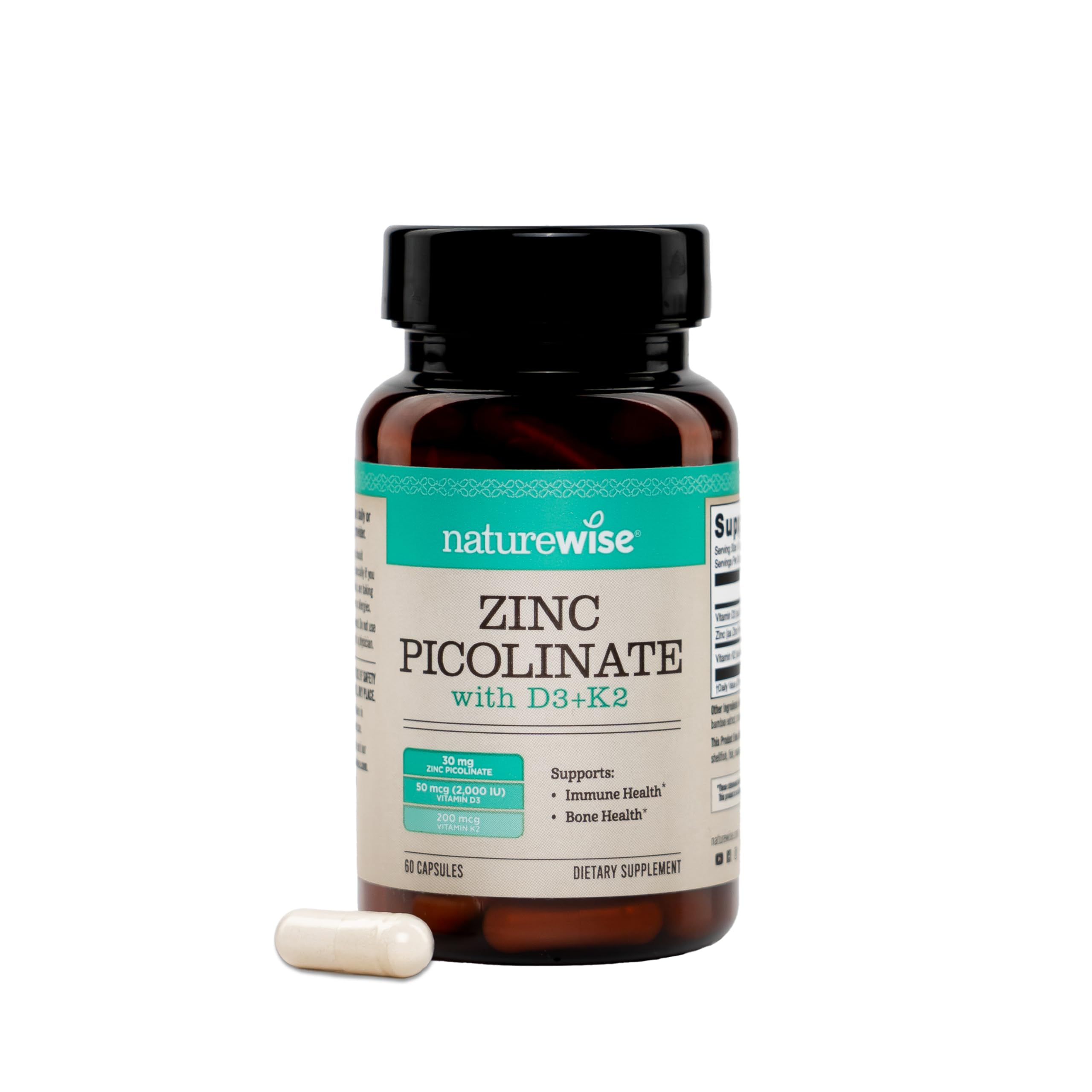 NatureWise Zinc Picolinate with D3 + K2 - Zinc Supplements for Men & Women + Vitamin D3 K2 - Supports Immune & Bone Health* - Non-GMO, Gluten Free, USA Manufactured - 60 Capsules[60 Day Supply] Unflavored 60 Count (Pack of 1)