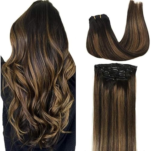 GOO GOO Clip in Hair Extensions Real Human Hair, Remy Human Hair Extensions Clip ins for Women, Natural Human Hair, 12inch 85g 7Pcs, 1B/6/1B Balayage Natural Black to Chestnut Brown