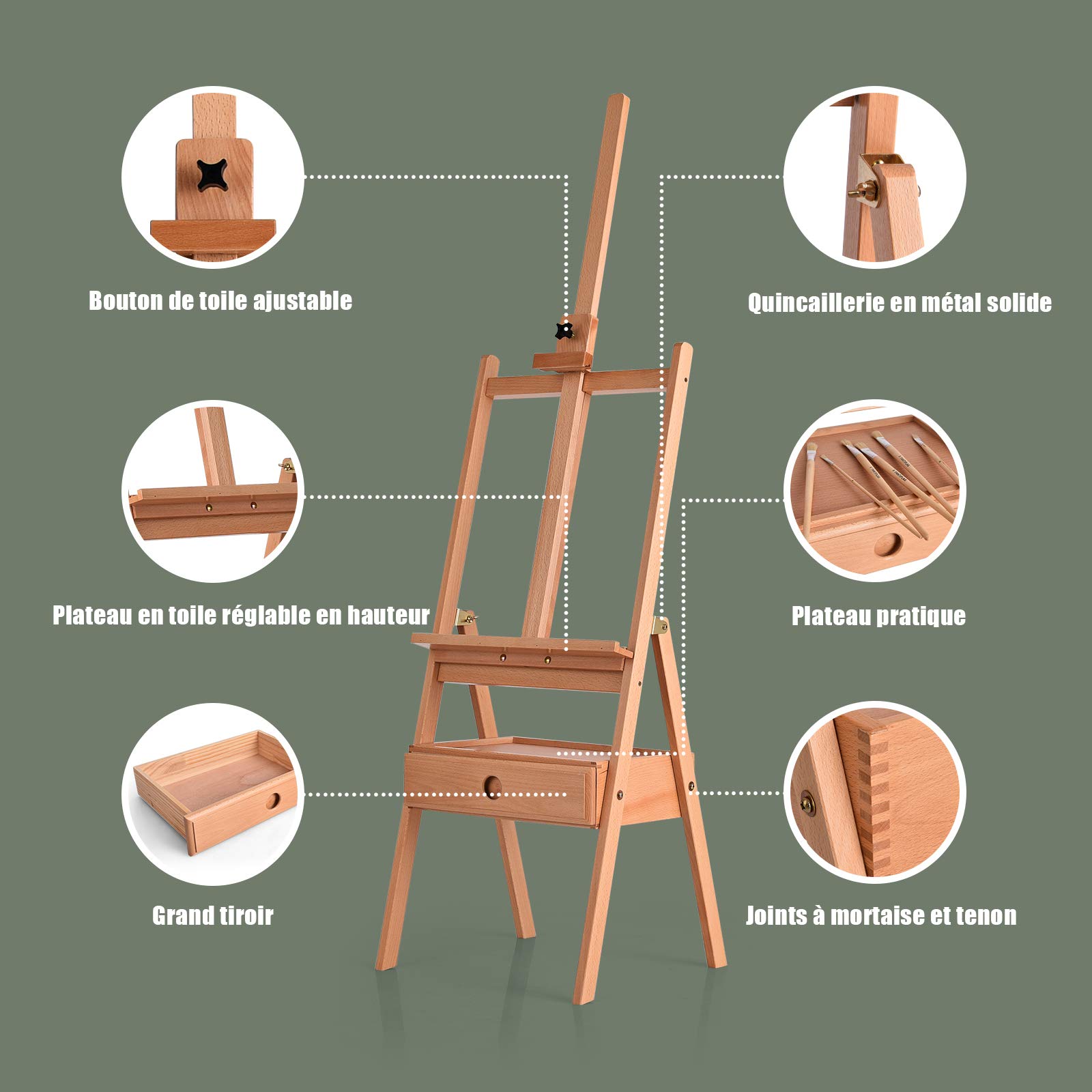 COSTWAY Chevalet d'Artiste sur Pied avec Tiroir, Fait en Hêtre, Porte-Toile Réglable, Grand Plateau pour Fournitures de Dessin, Supporte une toile jusqu'à 92 cm 43x44x151-194,5CM