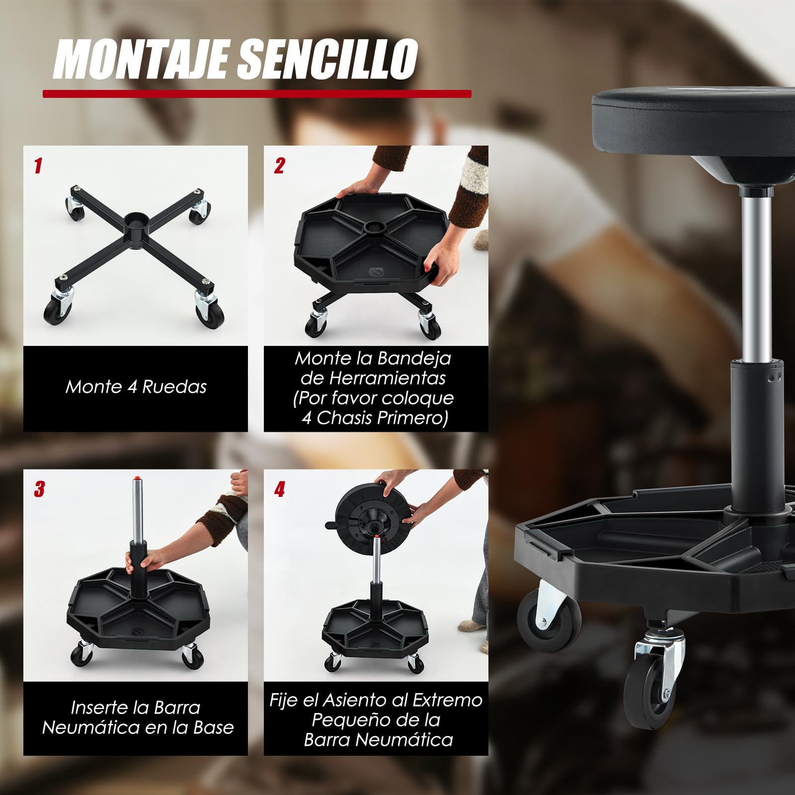 COSTWAY Neumático Rodante Taburete Mecánico, Asiento Ajustable con Asiento Acolchado de 150 KG, Bandeja para Herramientas, Taburete Rodante para Garaje y Taller de Reparación de Automóviles (Negro)