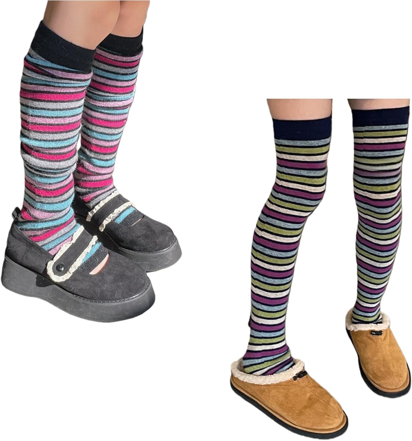 2 Pairs Women's Vintage Style Striped Knitted Leg Warmers, Perfect for Cozy Daily Wear