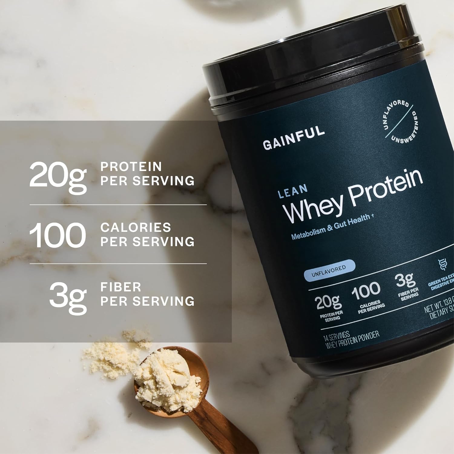 Gainful Lean Whey Protein Powder with 20g Protein per Serving, Unflavored, Supports Lean Muscle, Metabolism, and Satiety, with Green Tea Extract, Digestive Enzymes, Organic Fiber, 14 Servings