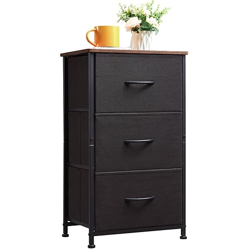 Somdot Small Dresser for Bedroom with 3 Drawers, Storage Chest of Drawers with Removable Fabric Bins for Closet Bedside Nursery Laundry Living Room Entryway Hallway, Black/Rustic Brown