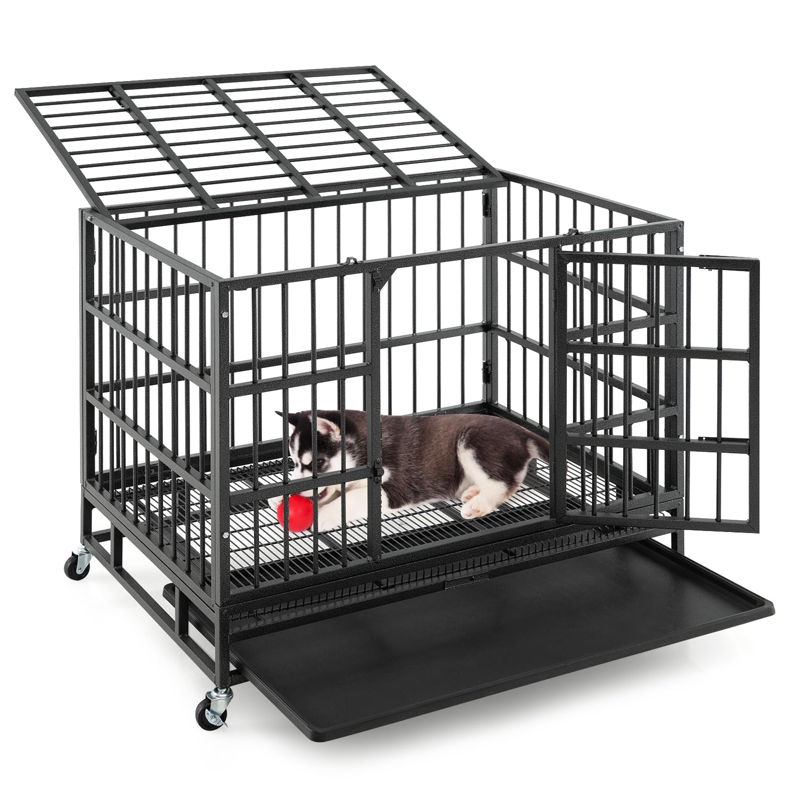 COSTWAY Cage pour Chien, Cage Chien Pliable à roulettes, 2 Portes Verrouillables, Plateau Amovible, Anti-Mastication, Cage Chien Interieur, Cage de Transport pour Chien (L)
