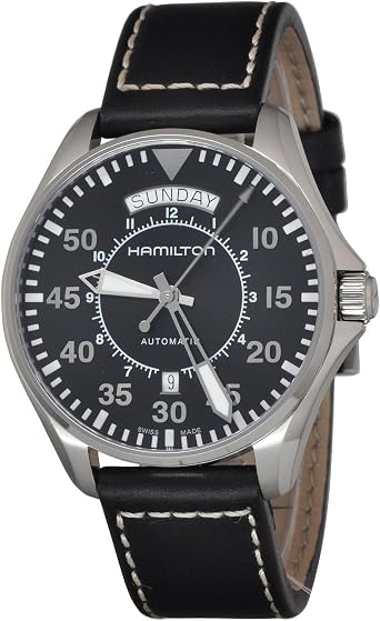 Hamilton Khaki Aviation Automatic Mens Watch, 42mm Stainless Steel Case, Swiss Made, Black Dial Analog Wrist Watch for Men, 100m Waterproof, Sapphire Crystal, Calf Leather Strap