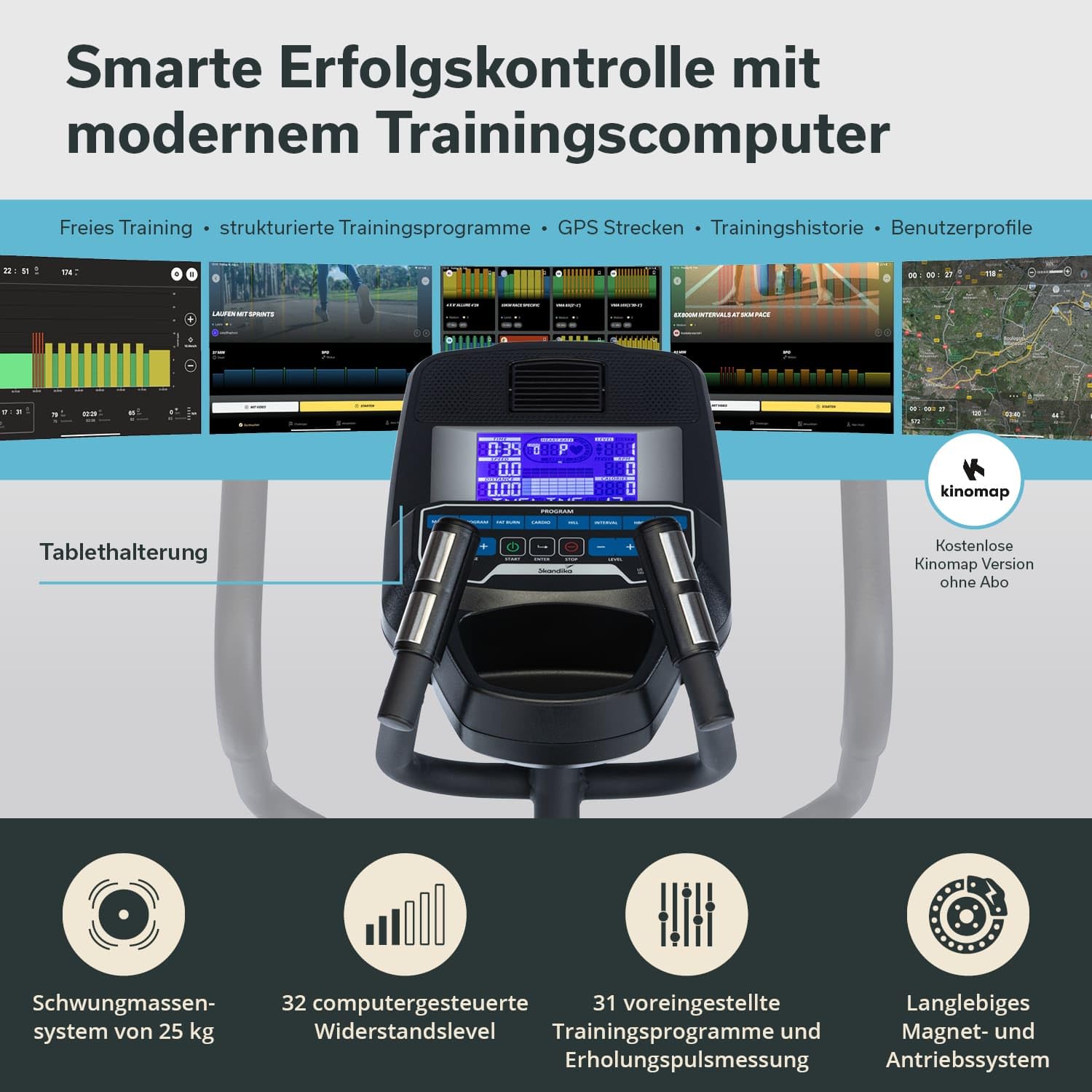Skandika Orbitrek Carbon Conqueror, eliptyczny rower treningowy, 32 poziomy oporu, 31 programów, ekran LCD, Bluetooth, Kinomap, masa bezwładności 25 kg, regulacja wysokości, maks. 150 kg