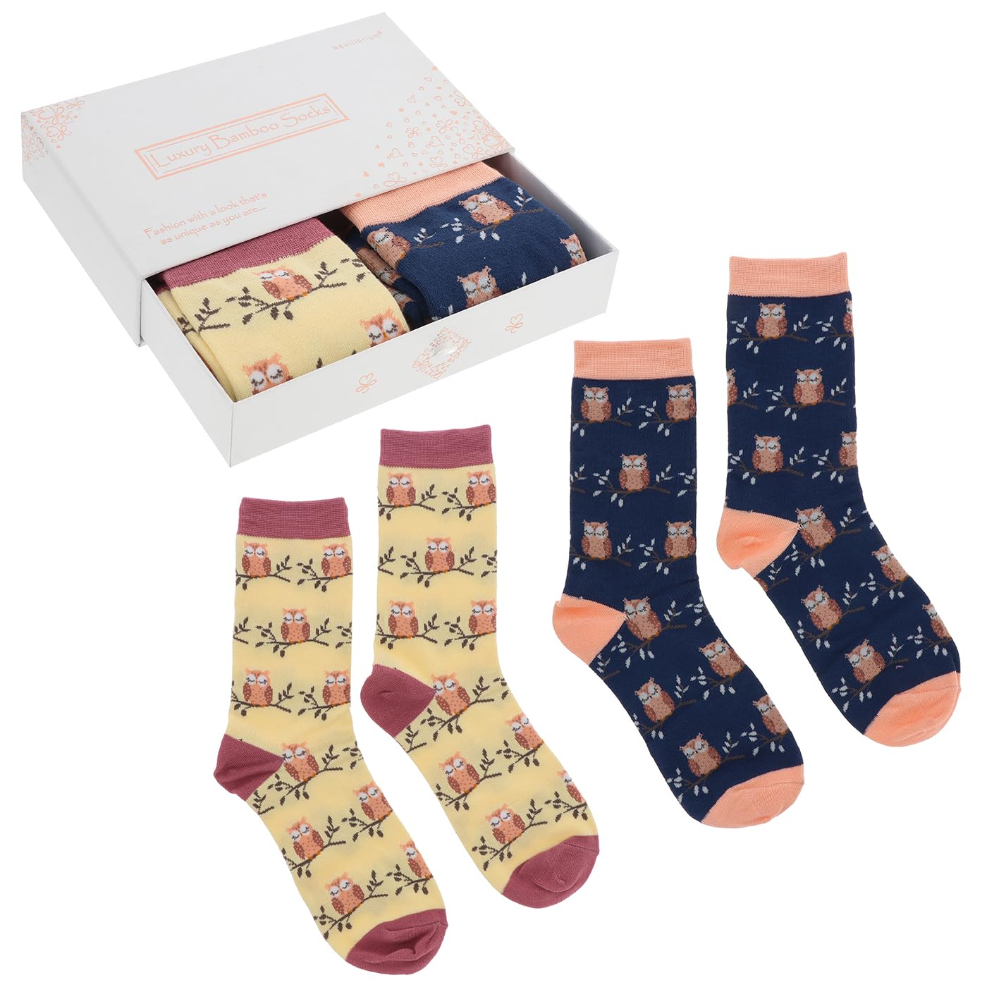 Equilibrium Unisex Multicolor Ladies Luxury Bamboo Socks Gift Box Owl Pattern – Soft Breathable Womens Crew Socks Set