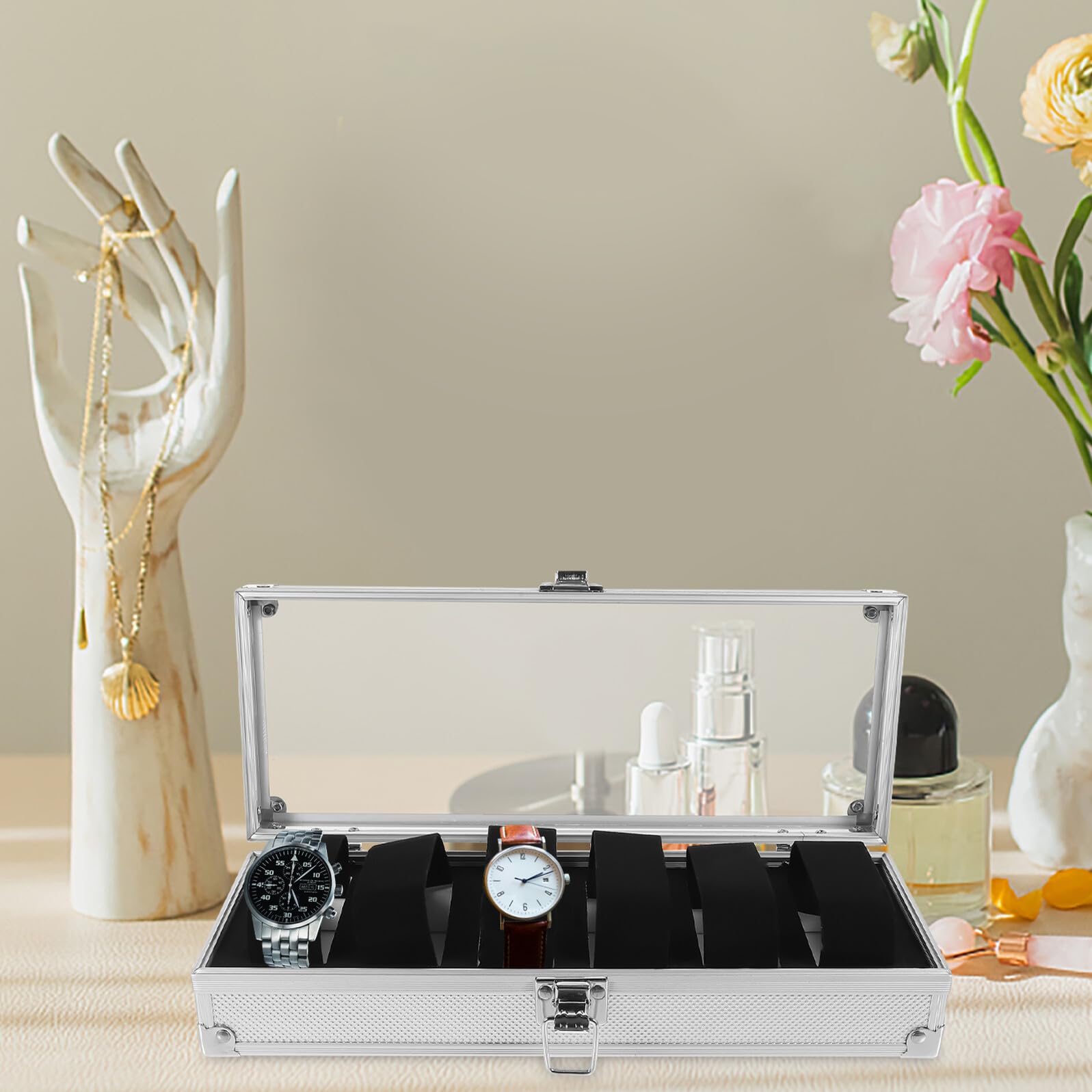 GALPADA Scatola Orologi 6 Posti in Lega di Alluminio Finestra Trasparente | Organizer Portatile, Interno in Pelle Scamosciata ed Eva, per Esposizione in Negozio e Uso Personale