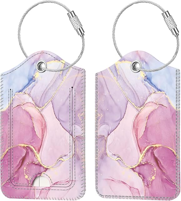 2 Pcs Luggage Tags, FINTIE Privacy Cover ID Label with Stainless Steel Loop and Address Card for Travel Bag Suitcase, Glittering Marble