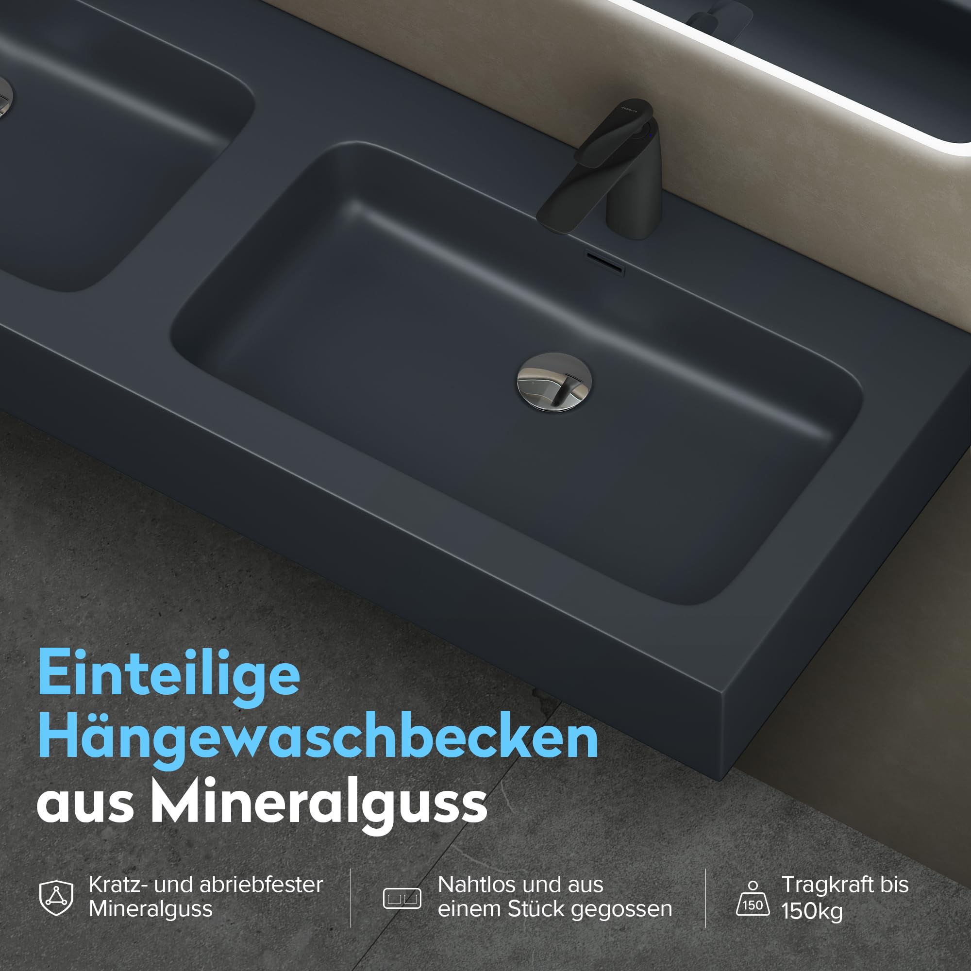 doporro Doppelwaschbecken Waschbecken BTH: 140x48x13 cm Partner-Waschbecken aus Gussmarmor Anthrazit (Matt) Colossum830