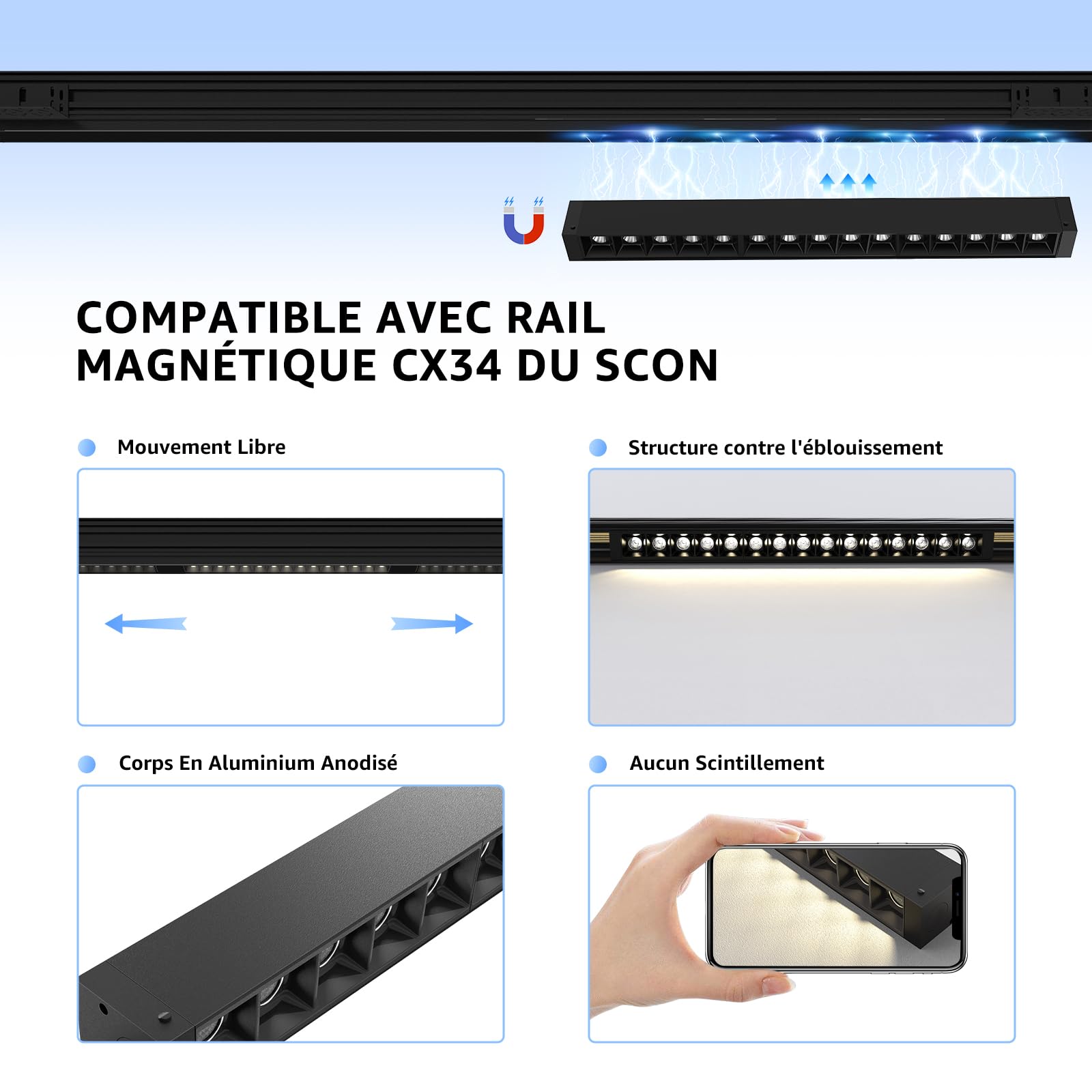 SCON Tête d'Éclairage LED Noir Projecteur Barre 24V 15W pour Système d'Éclairage sur Rail Magnétique,Spot linéaire Dimmable ou Non-Dim et CCT au choix (CRI 93/3000K/4000K/5000K/30°)