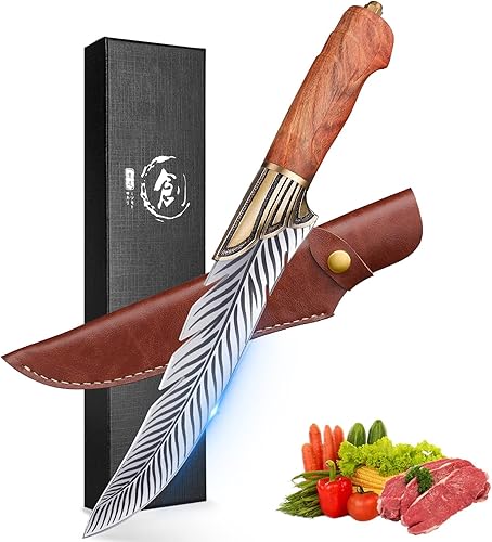 Cuchillo vikingo de pluma ROCOCO, cuchillo japonés para deshuesar con funda, colección para camping al aire libre, barbacoa, cumpleaños, idea de