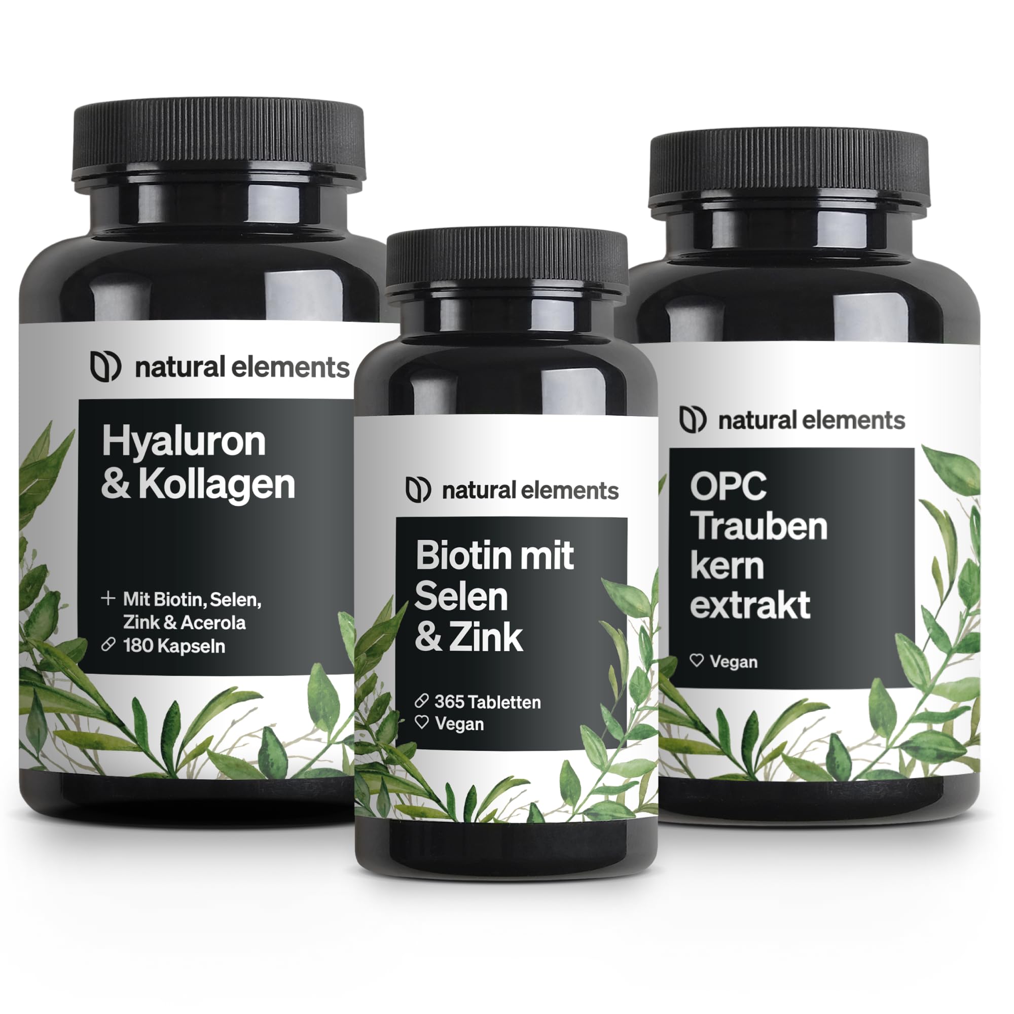 natural elements Beauty & Anti Aging Basic Set - Biotin mit Selen & Zink, Hyaluron & Kollagen und OPC - hochdosiert, ohne unnötige Zusätze - Laborgeprüft