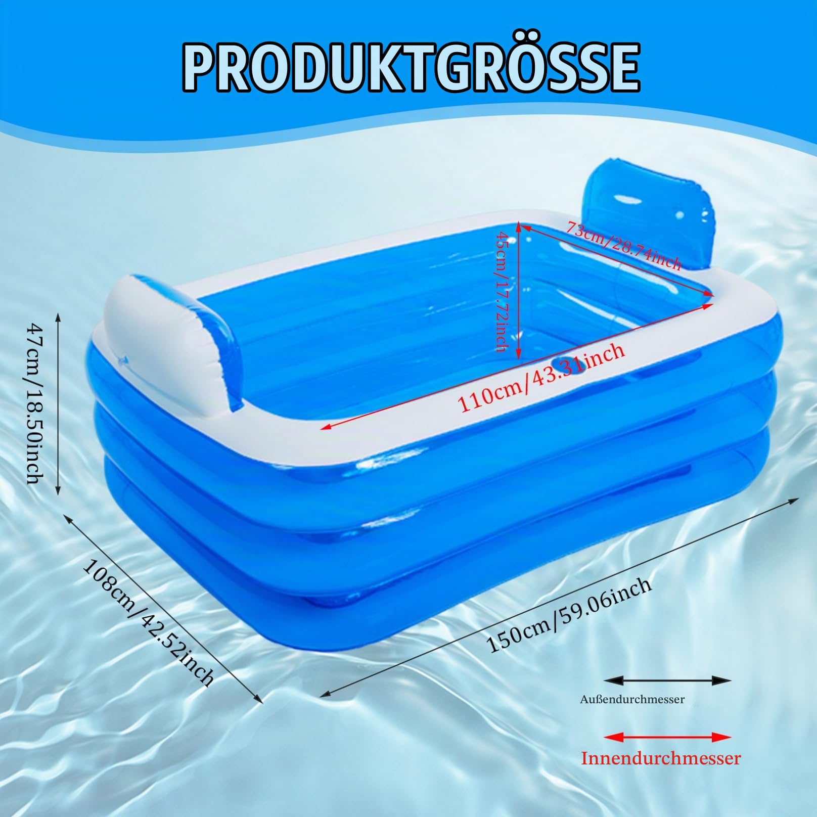 Verdickte aufblasbare PVC-Badewanne mit Wasserbechermund, bequeme faltbare aufblasbare Badewanne mit verschleißfestem Blasenboden für Erwachsene und Kinder