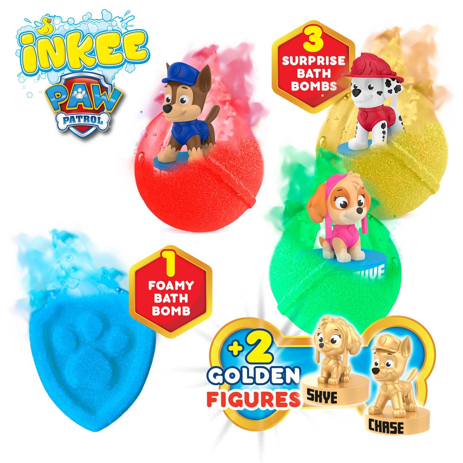 INKEE Coffret de bain PAT PATROUILLE - Set de bain avec 4 boules de bain et 5 figurines Pat Patrouille, Bombes de bain surprise parfumées à l'huile d'amande douce